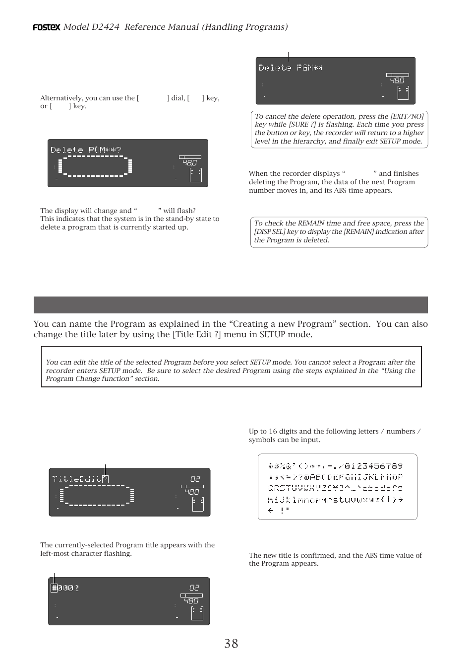 Editing a program title, Press the [execute/yes] key, Press the [execute/yes] key again | Press the [exit/no] key, or [stop] button, Press the [exit/no] key, or the [stop] button | Fostex D2424 User Manual | Page 38 / 147