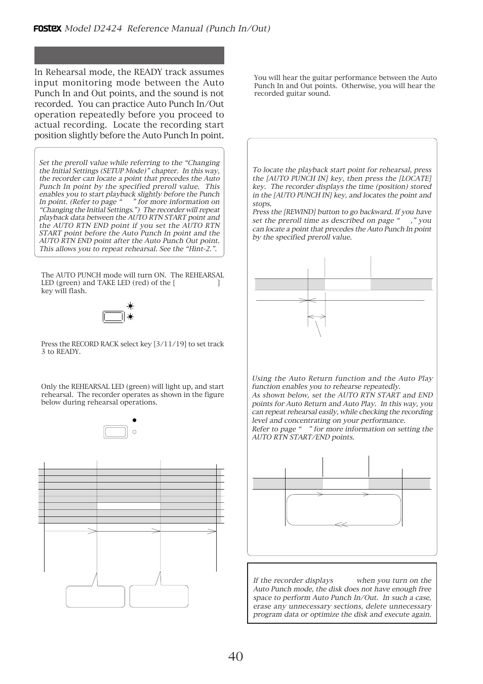 Rehearsing auto punch in/out recording, Model d2424 reference manual (punch in/out), Press the [auto punch] key | Set the track for auto punch in/out to ready, Hint 1, Hint 2 | Fostex D2424 User Manual | Page 40 / 147