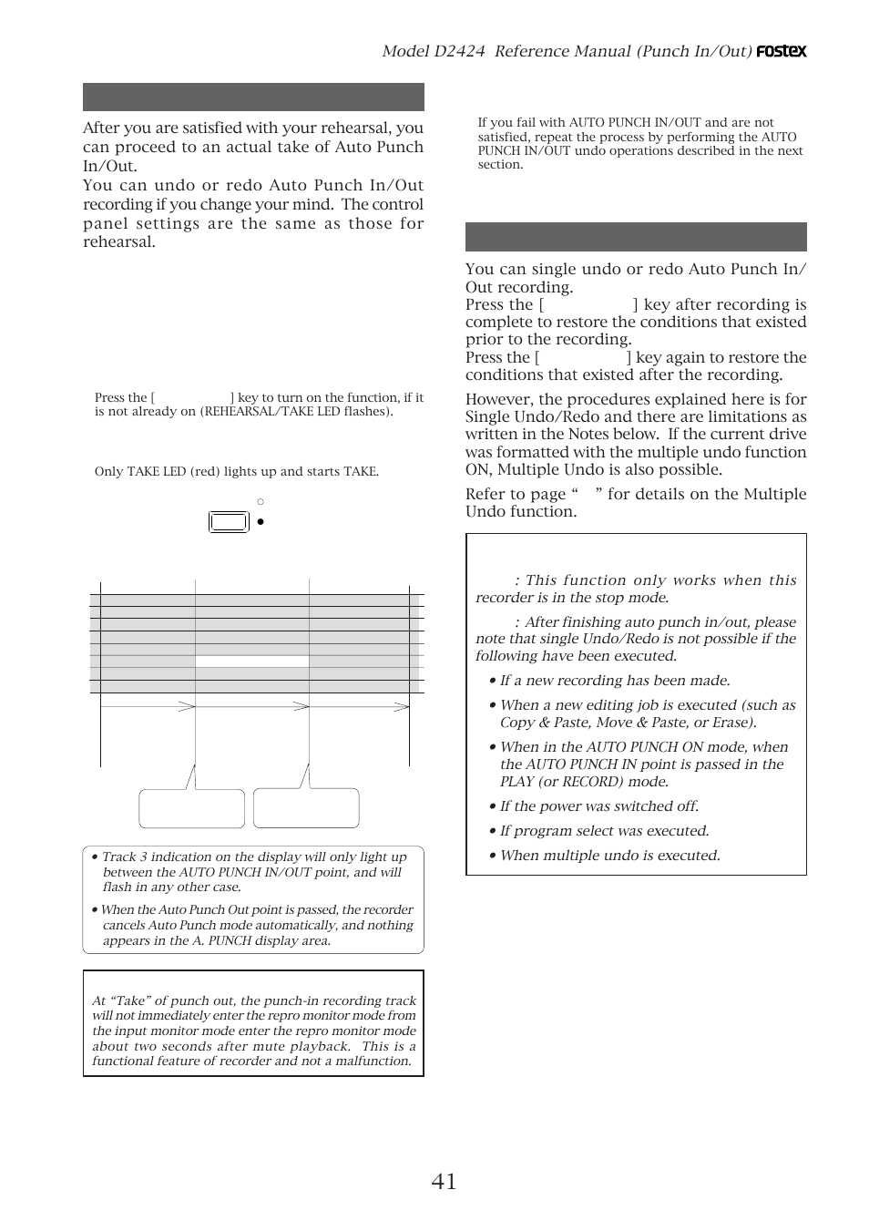 Auto punch in/out take, Single undo/redo, Model d2424 reference manual (punch in/out) | Caution after punch out, When you finish recording, press the [stop] button | Fostex D2424 User Manual | Page 41 / 147