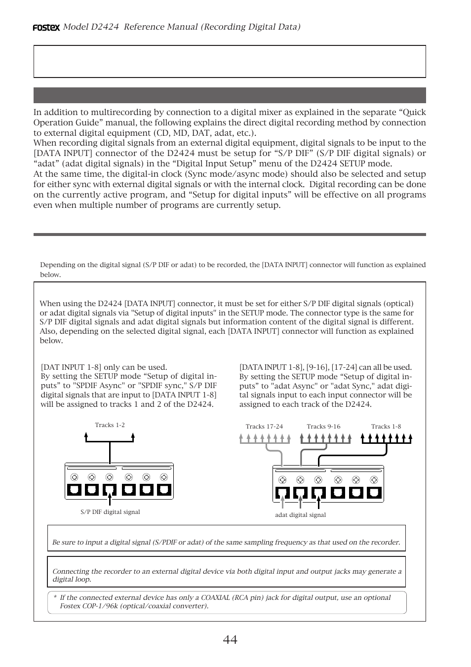 Recording digital data, Digital recording from an external digital device, Connecting external digital equipment | Important, When recording s/p dif digital signals, When recording adat digital signals | Fostex D2424 User Manual | Page 44 / 147