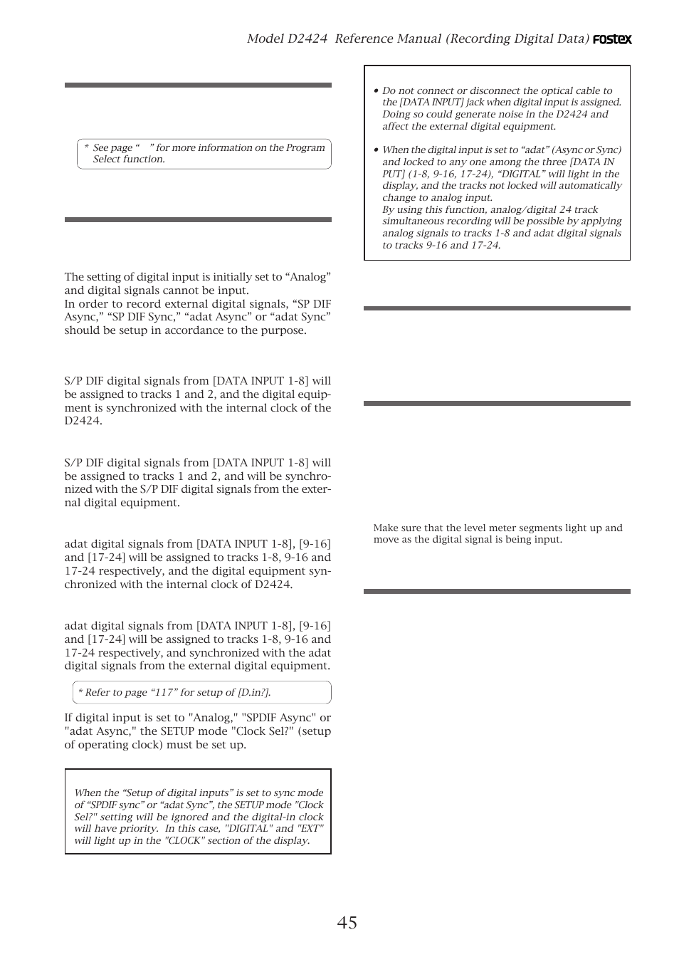 Selecting a recording program, Setting the digital input, Setting recording tracks | Recording, Completing recording | Fostex D2424 User Manual | Page 45 / 147