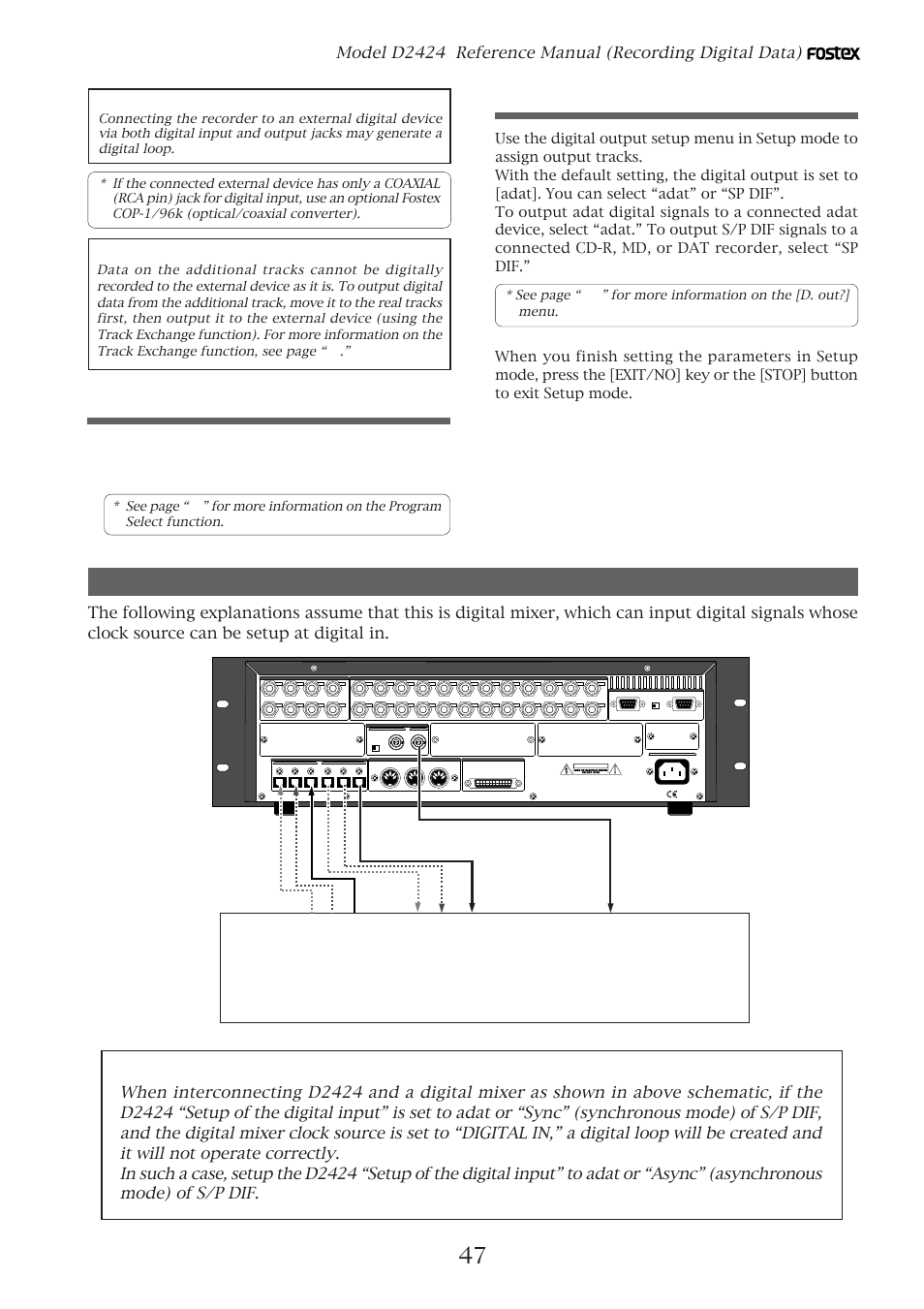Connecting a digital mixer, Setting the digital output, Selecting a recording program | Precaution against the digital loop, Digital mixer, Word in digital in digital out | Fostex D2424 User Manual | Page 47 / 147