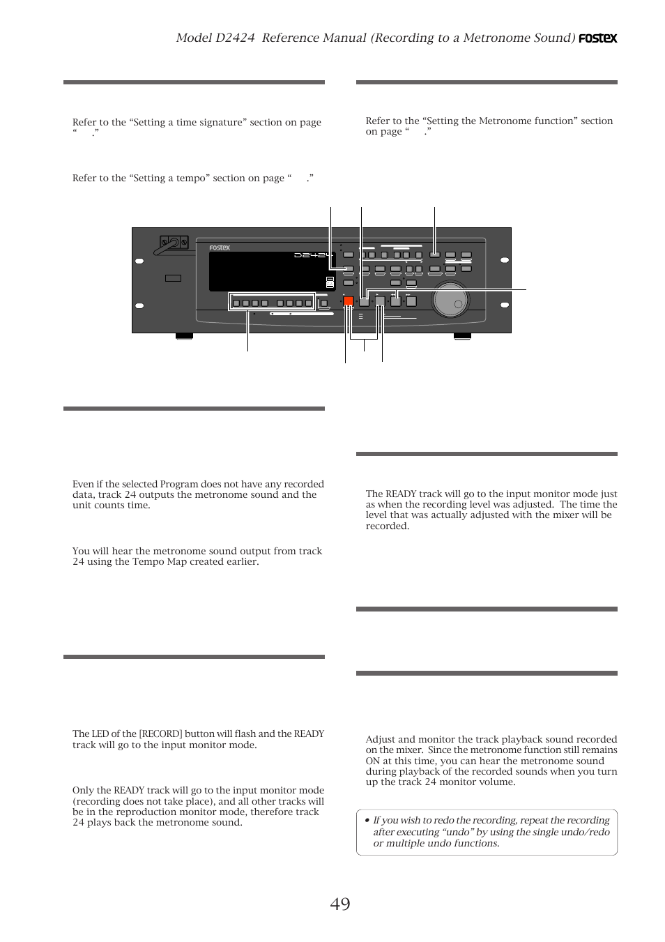 Creating a tempo map, Turning the metronome function on, Checking the metronome sound | Starting recording, Quitting recording, Checking the recorded sound, Hold, All input all ready, Preview, Shift | Fostex D2424 User Manual | Page 49 / 147