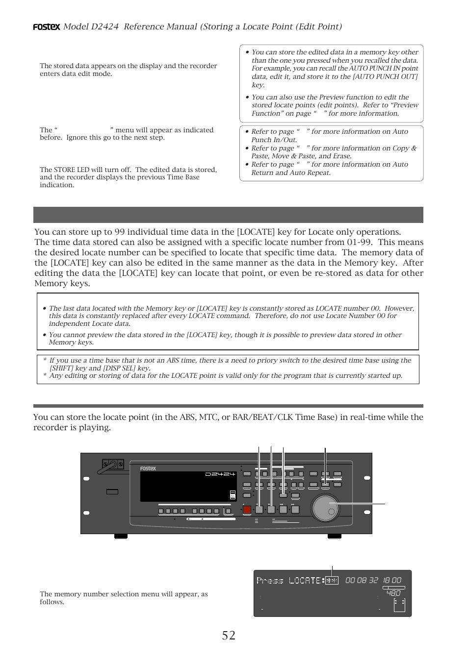Storing and editing [locate] key, Storing in real-time, Flashing | Fostex D2424 User Manual | Page 52 / 147