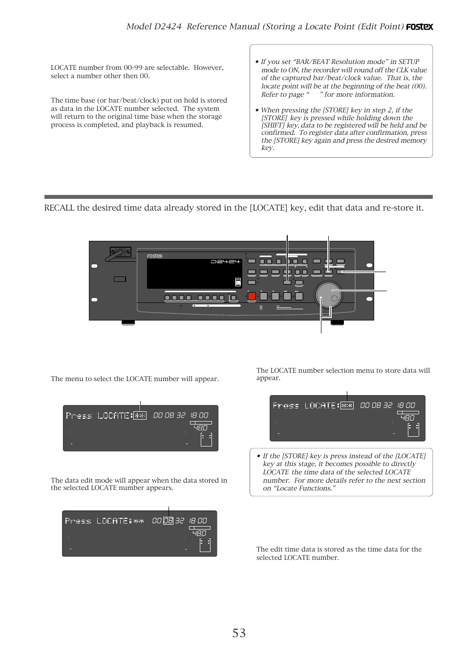 Edit and re-store data that is already stored, Next press the [locate] key, Press the [store] key (the store led lights up) | The menu to select the locate number will appear, Flashing | Fostex D2424 User Manual | Page 53 / 147