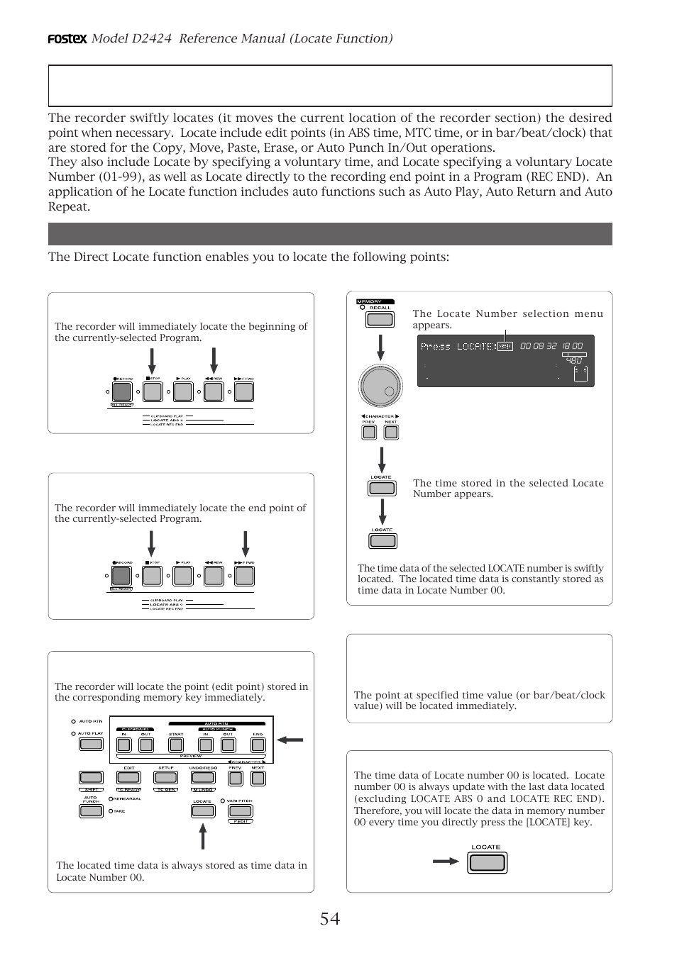 Locate function, Direct locate, Model d2424 reference manual (locate function) | Press the [locate] key again, The locate number selection menu appears | Fostex D2424 User Manual | Page 54 / 147