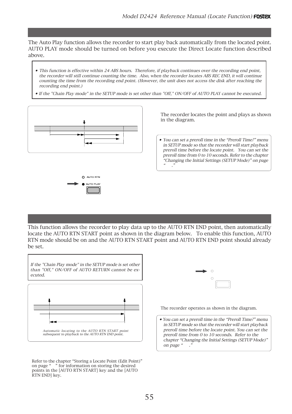 Auto play function, Auto return function, Model d2424 reference manual (locate function) | Press the [stop] button to stop the unit, Store the auto rtn start and auto rtn end points | Fostex D2424 User Manual | Page 55 / 147