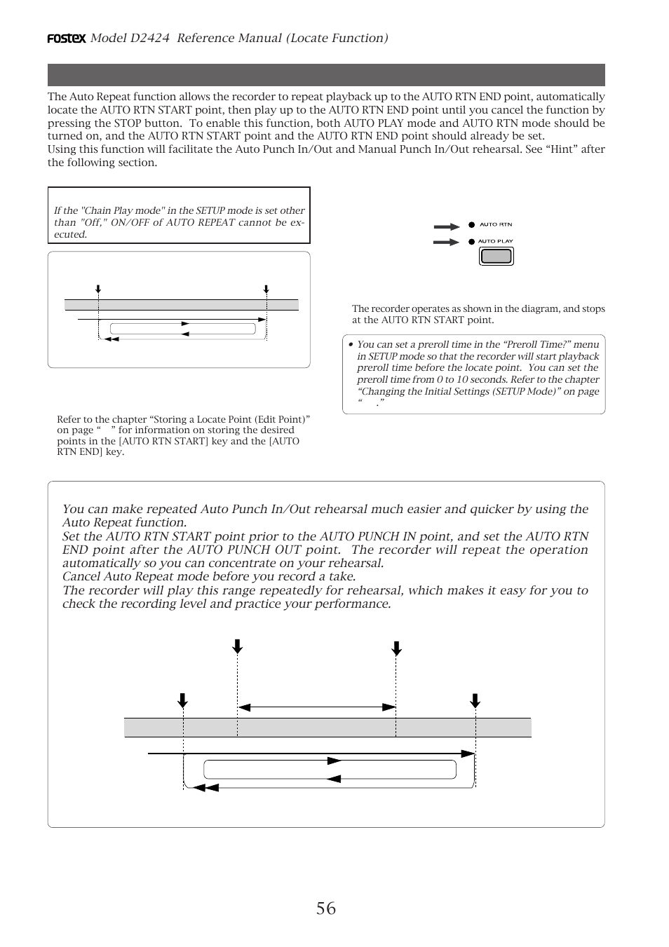 Auto repeat function, Hint, Model d2424 reference manual (locate function) | Store the auto rtn start and auto rtn end points | Fostex D2424 User Manual | Page 56 / 147