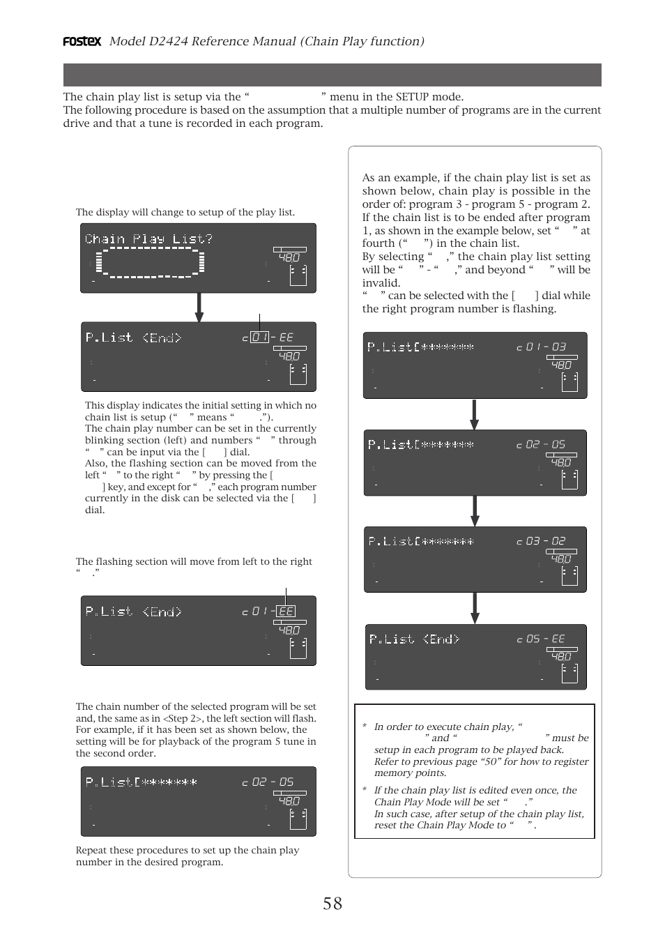 Setup of the chain play list, 58 setup of the chain play list, Model d2424 reference manual (chain play function) | Setup example of the chain play list, The display will change to setup of the play list, Flashing | Fostex D2424 User Manual | Page 58 / 147