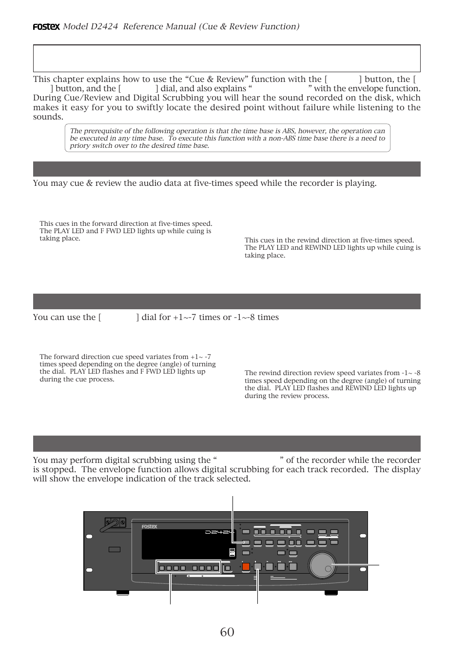 Cue & review function, Cue & review function using the [shuttle] dial, Digital scrubbing using the envelope function | Fostex D2424 User Manual | Page 60 / 147