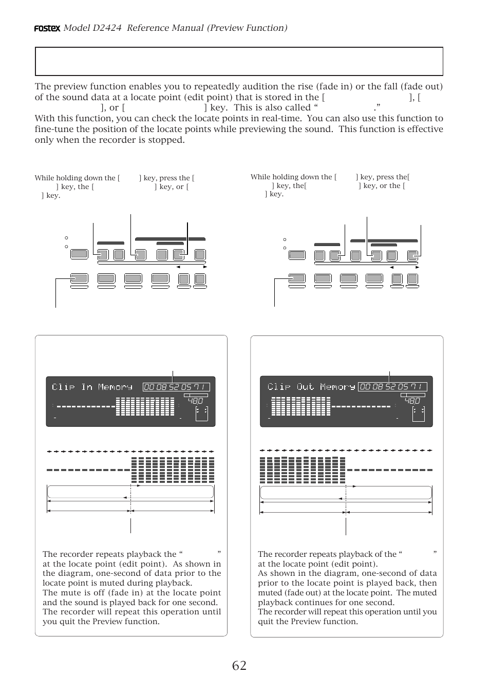 Preview function, Model d2424 reference manual (preview function), Previewing the fall of the sound (fade out) | Fostex D2424 User Manual | Page 62 / 147