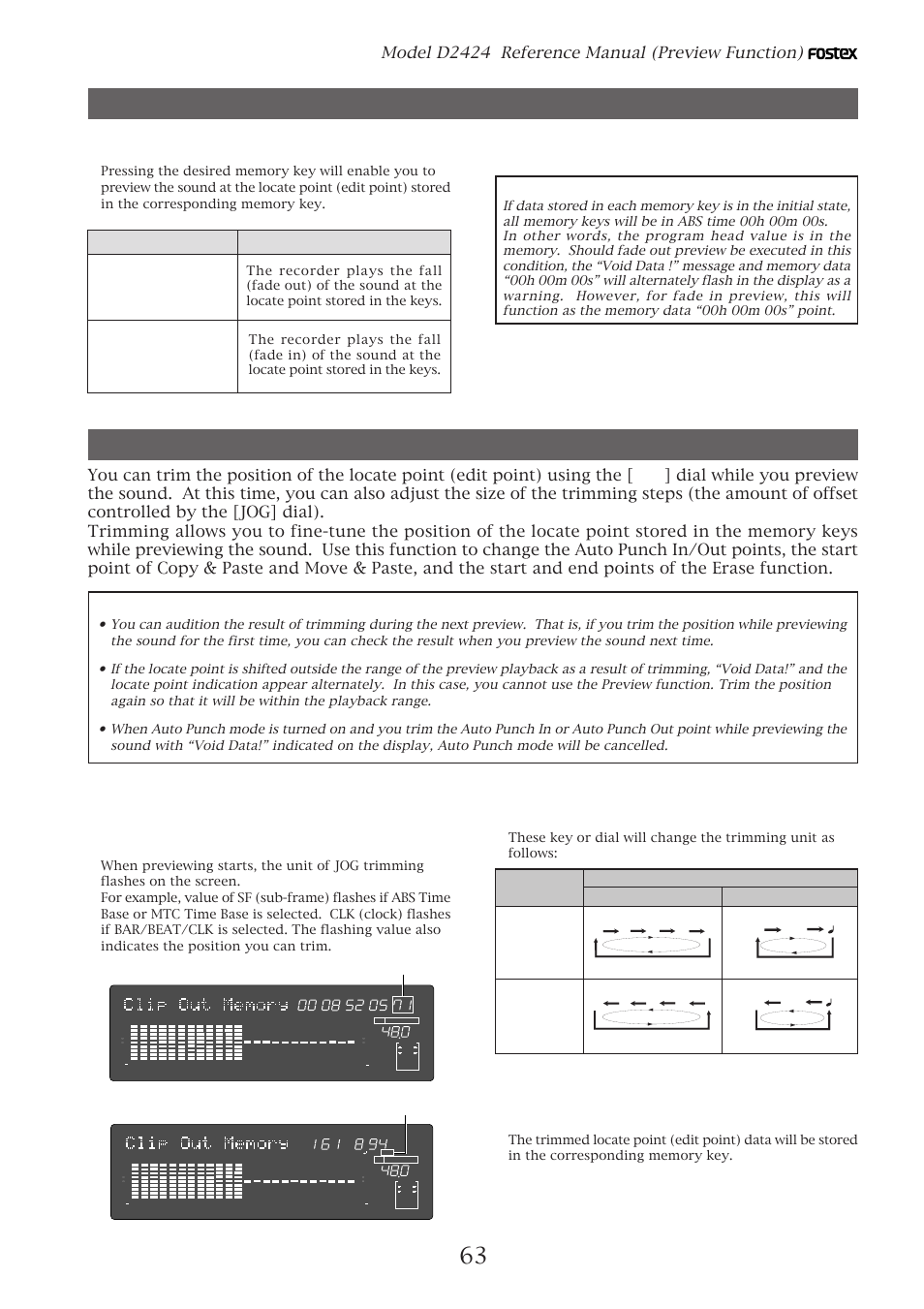 Executing the preview function, Trimming the sound while previewing, Model d2424 reference manual (preview function) | Press the [stop] button or the [exit/no] key, Time base abs or mtc bar/beat/clk | Fostex D2424 User Manual | Page 63 / 147