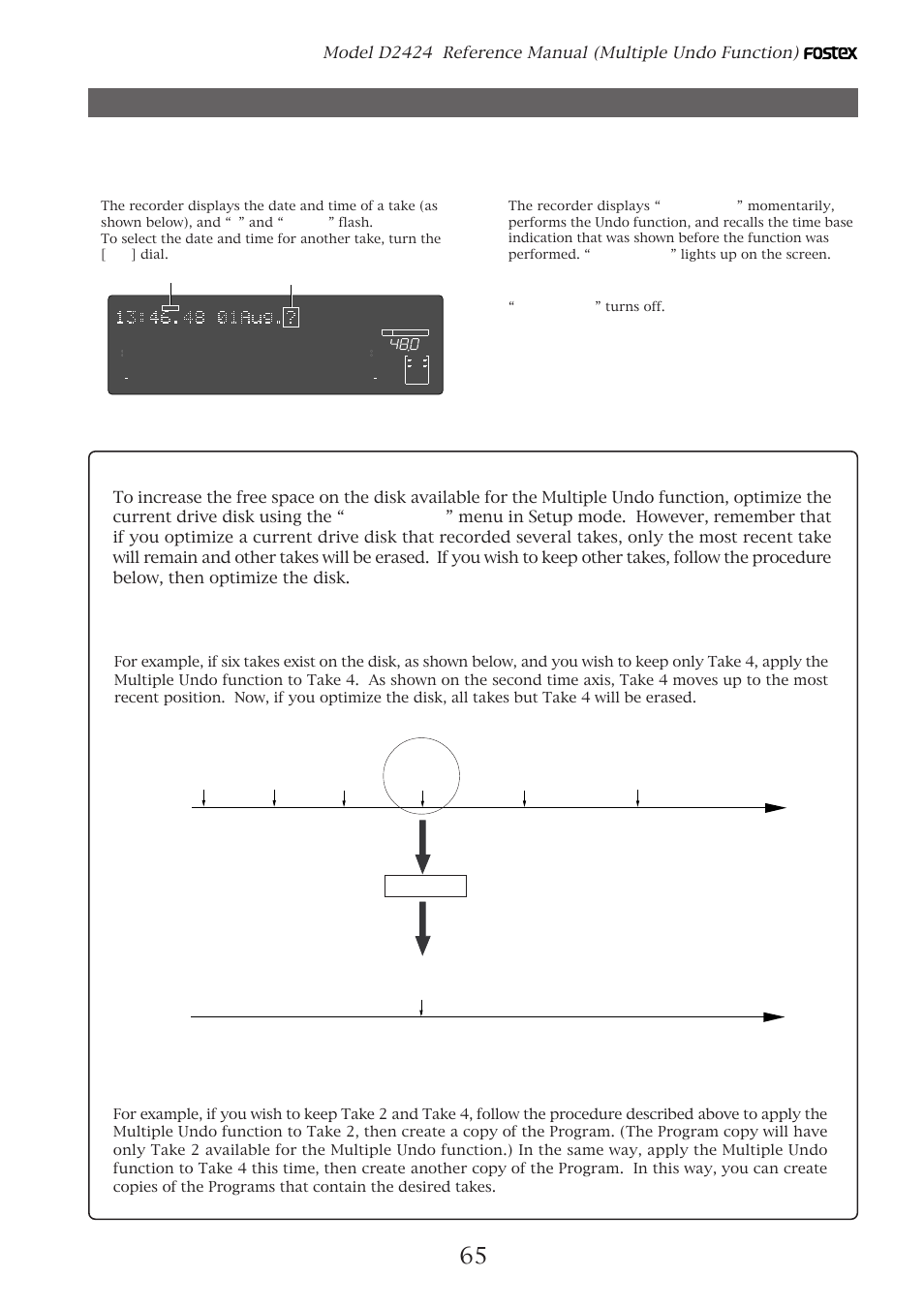 Using the multiple undo function, Helpful tips, Keeping only one take | Keeping multiple takes, Press the [exit/no] key or the [stop] button, Optimize | Fostex D2424 User Manual | Page 65 / 147