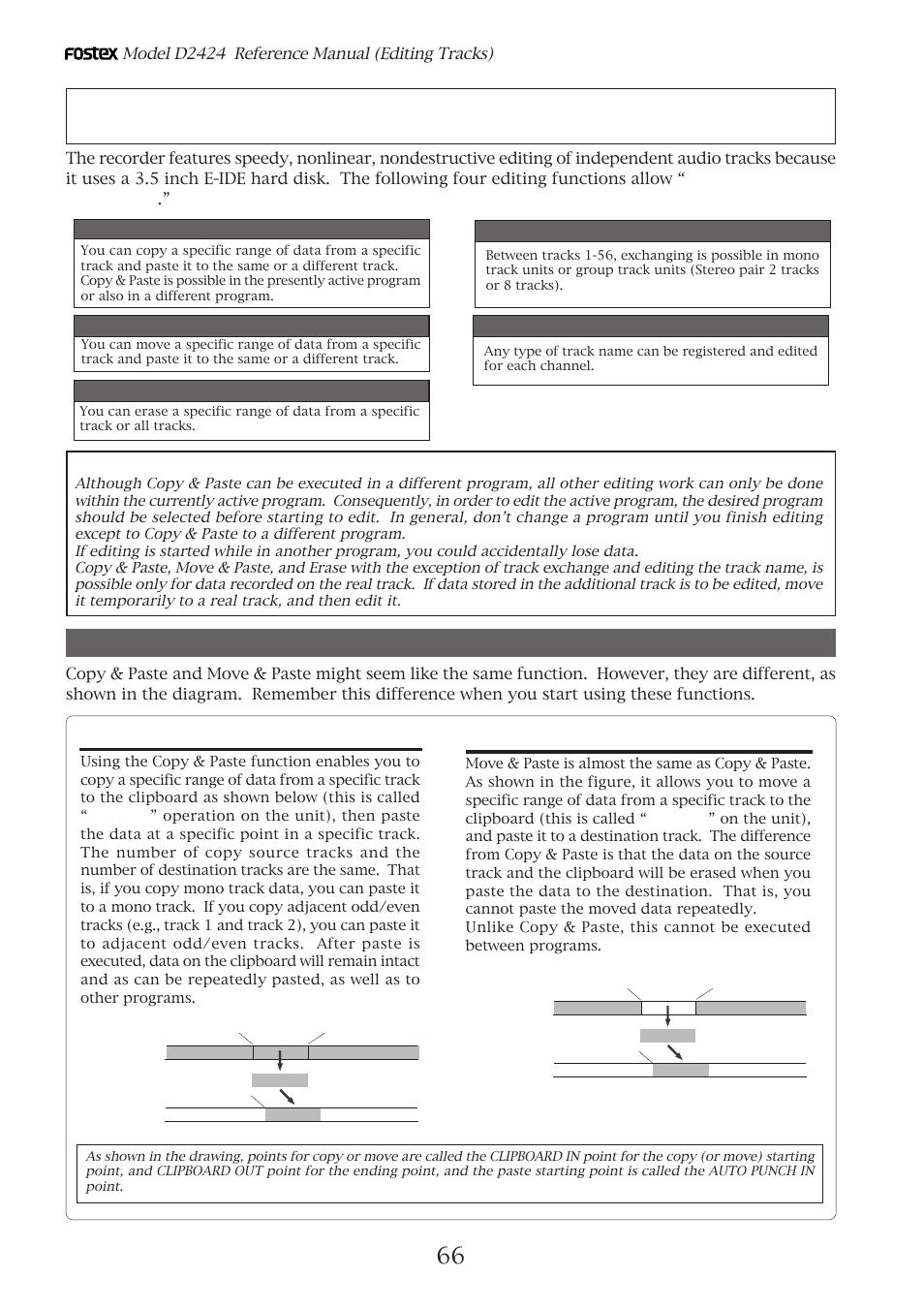 Editing tracks, Copy & paste and move & paste, Copy & paste | Move & paste | Fostex D2424 User Manual | Page 66 / 147