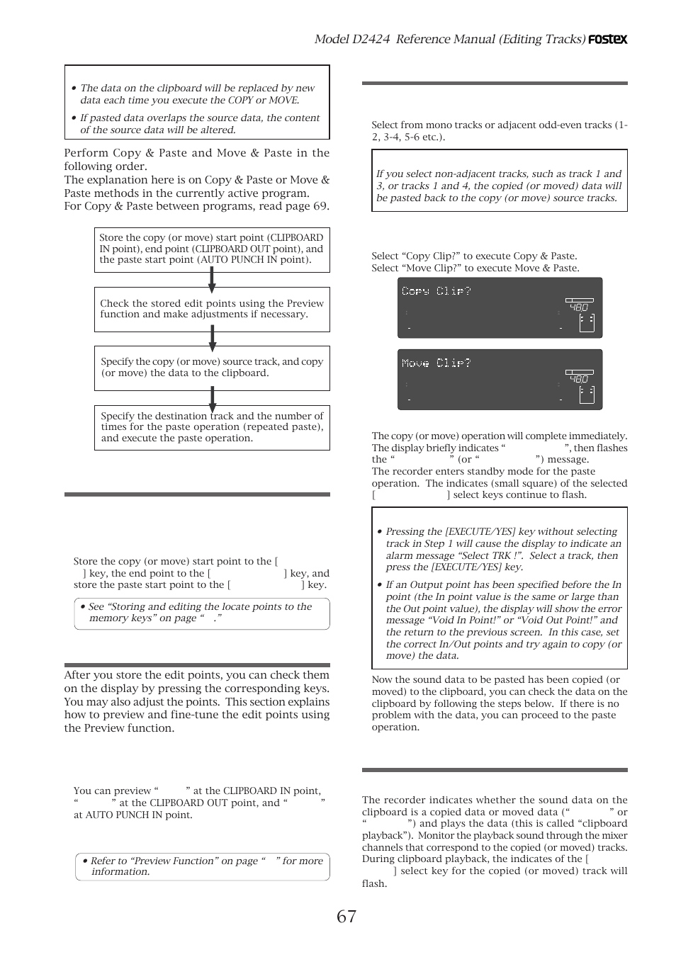 Storing the edit points, Checking and adjusting the edit points, Executing copy (or move) | Checking the clipboard data, Model d2424 reference manual (editing tracks), Trim the edit point while previewing, Press the [execute/yes] key | Fostex D2424 User Manual | Page 67 / 147