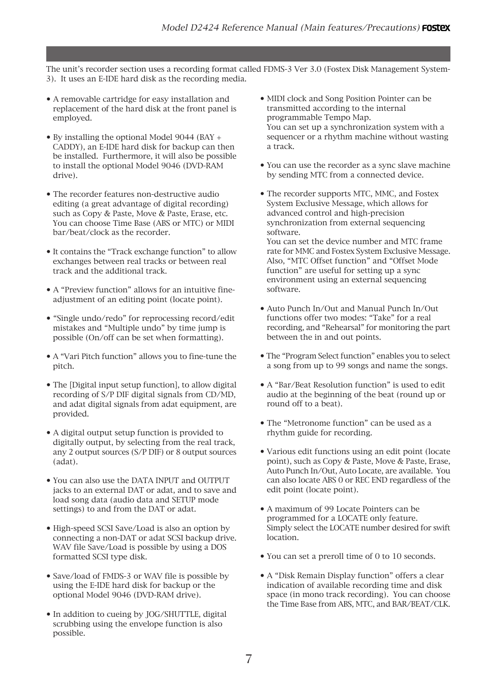 Main features | Fostex D2424 User Manual | Page 7 / 147