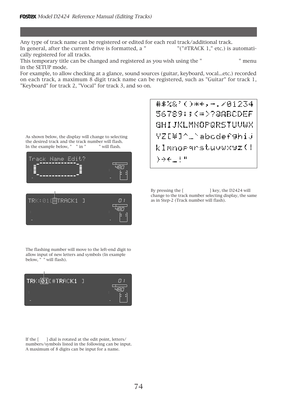 Registering the track name, Model d2424 reference manual (editing tracks), Flashing | Fostex D2424 User Manual | Page 74 / 147