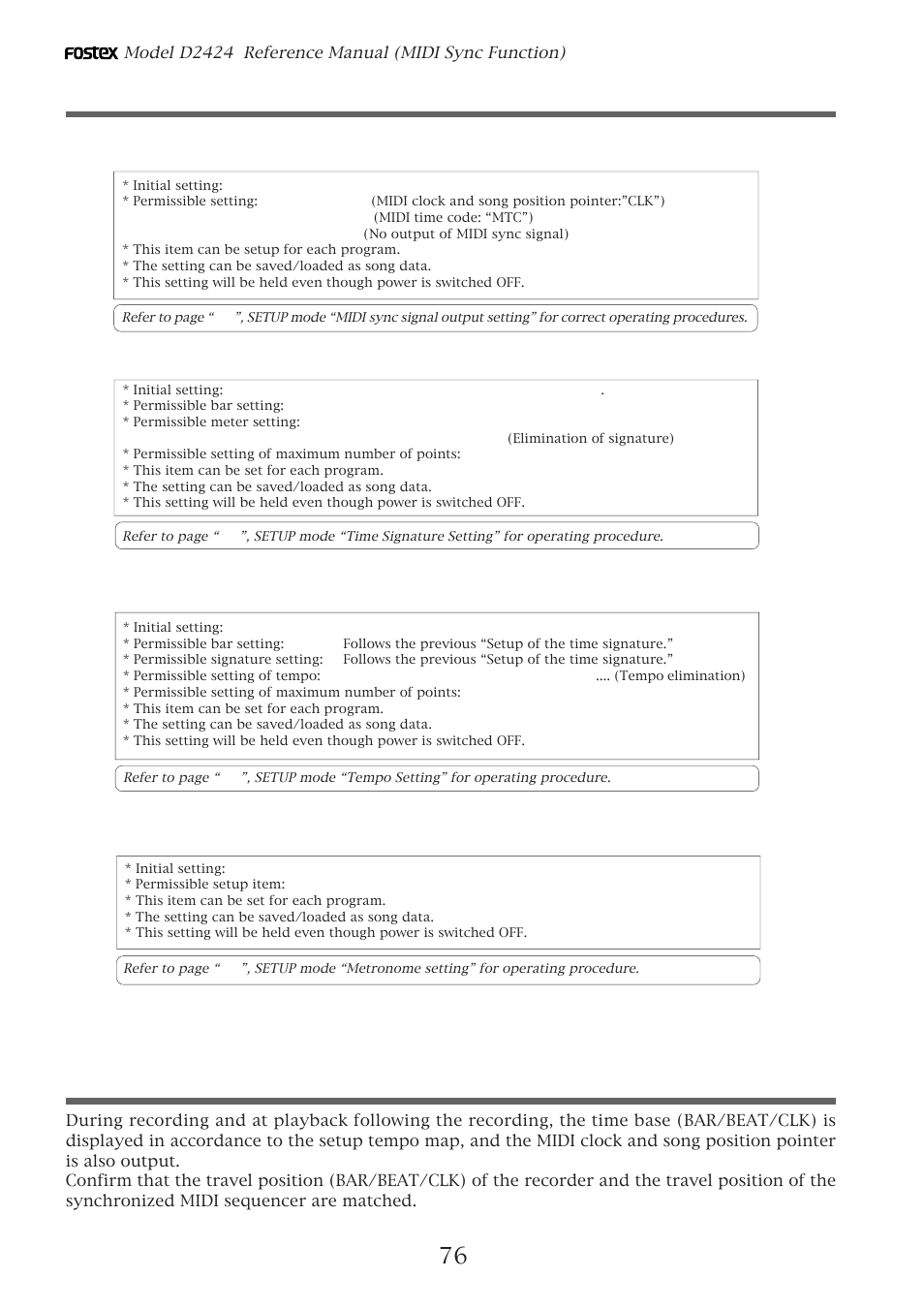Setup of the recorder, Confirming the midi clock sync | Fostex D2424 User Manual | Page 76 / 147