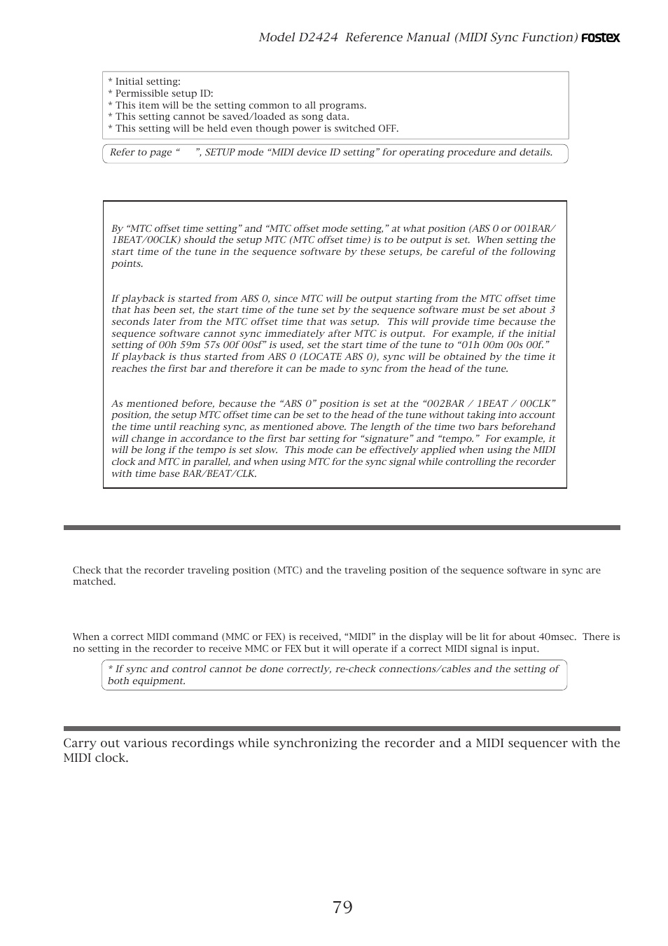 Confirming mtc sync/mmc, Execution of recording | Fostex D2424 User Manual | Page 79 / 147