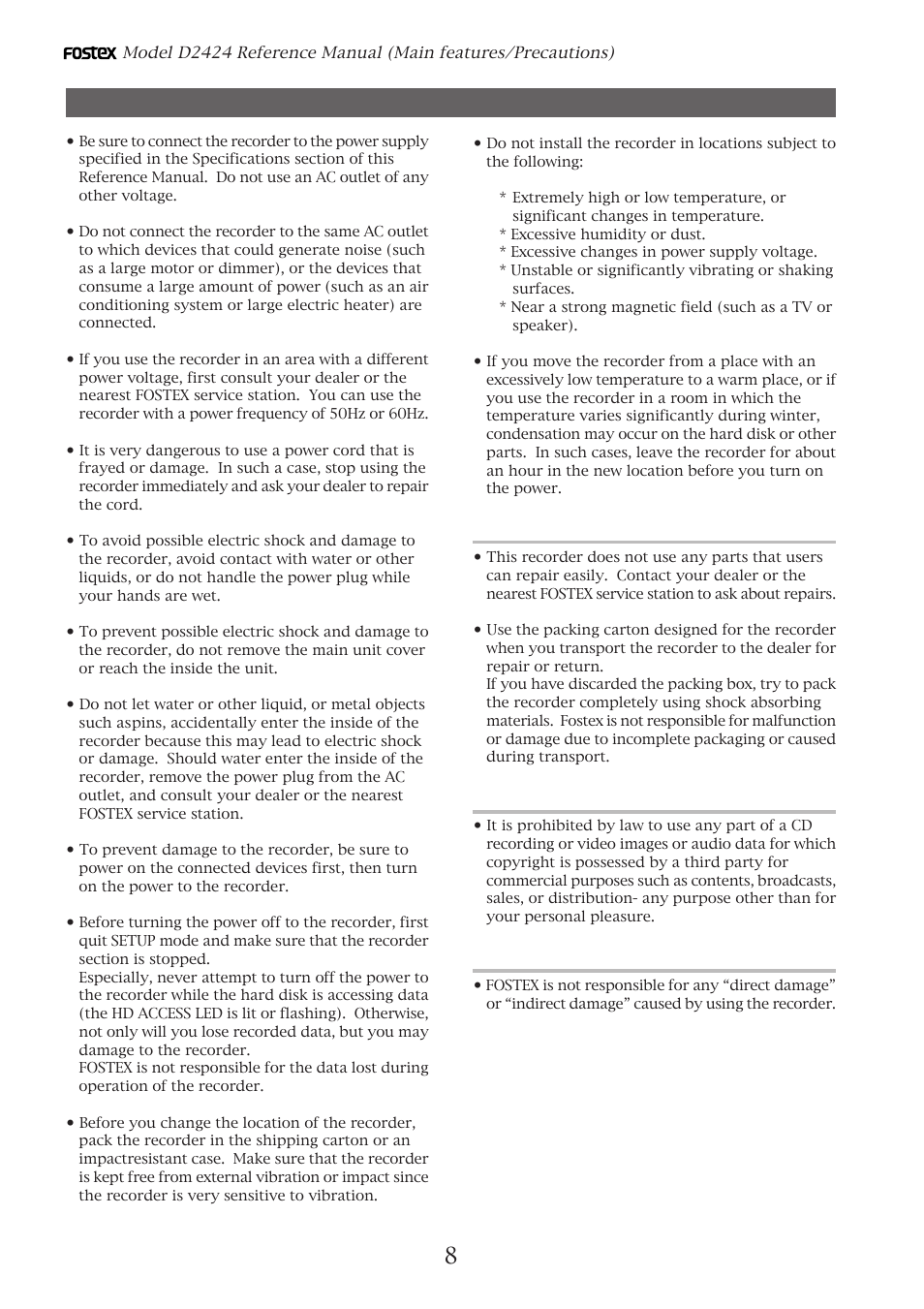 Precautions, About copyrights, About damage | Fostex D2424 User Manual | Page 8 / 147