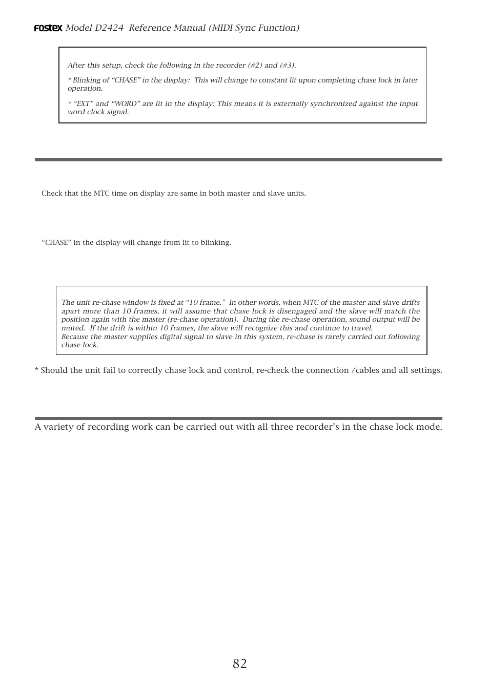 Check chase lock, Execution of recording | Fostex D2424 User Manual | Page 82 / 147