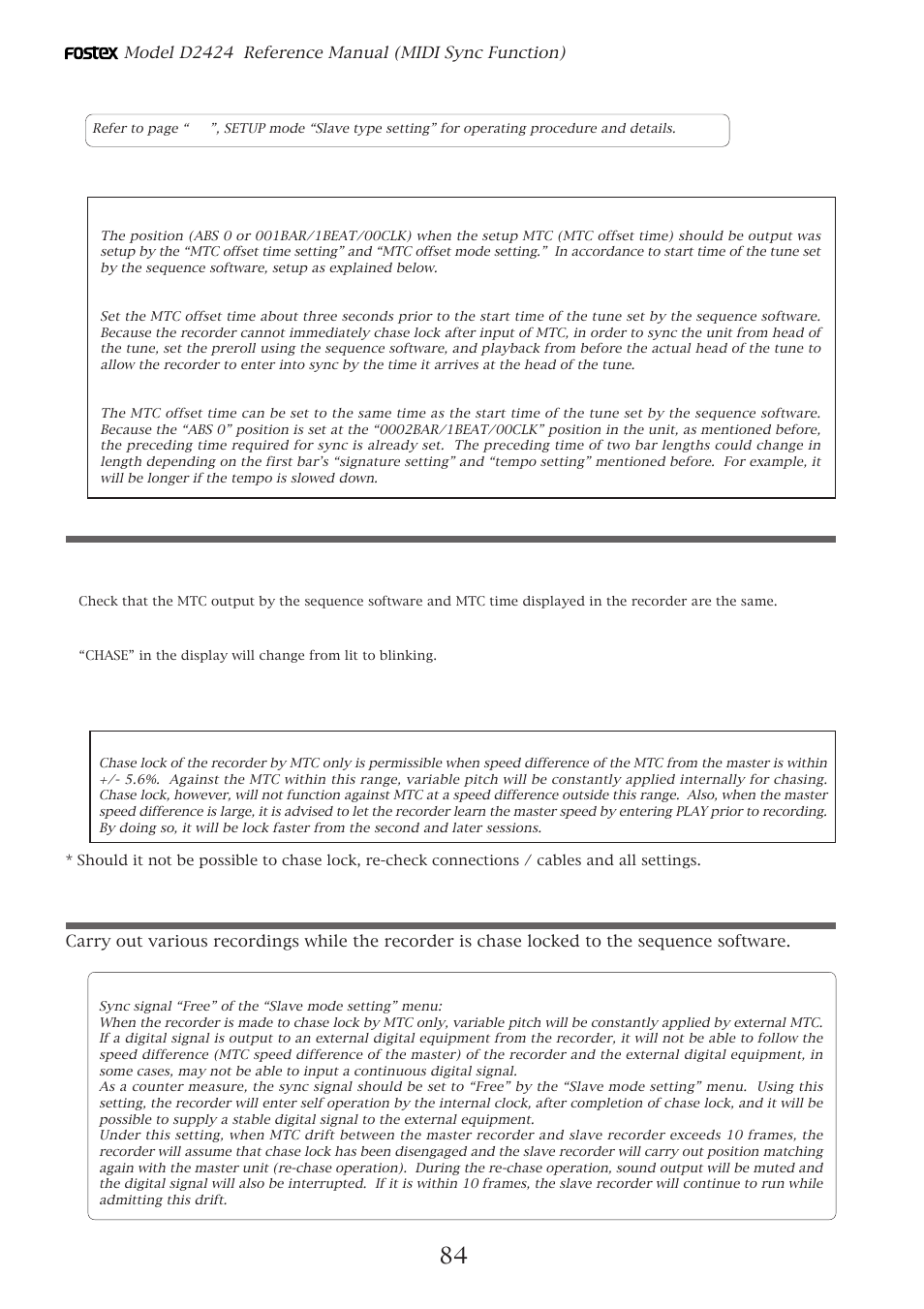 Confirming chase lock, Execution of recording, Precautions at mtc related setups | Fostex D2424 User Manual | Page 84 / 147