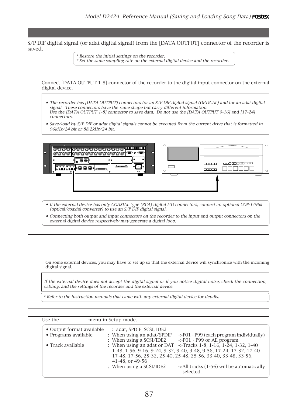 Connecting an external device, Setting up an external device, Executing the save operation | Output input output, Input | Fostex D2424 User Manual | Page 87 / 147