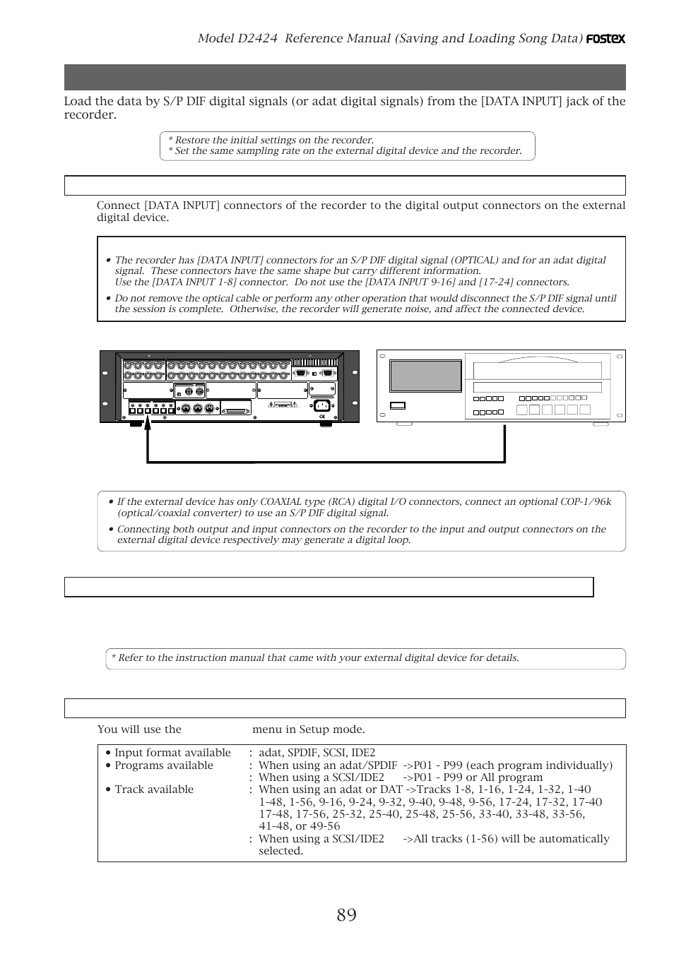 Connecting the external device, Setting up an external device, Executing the load operation | You will use the “load pgm ?” menu in setup mode, Output input output, Input | Fostex D2424 User Manual | Page 89 / 147