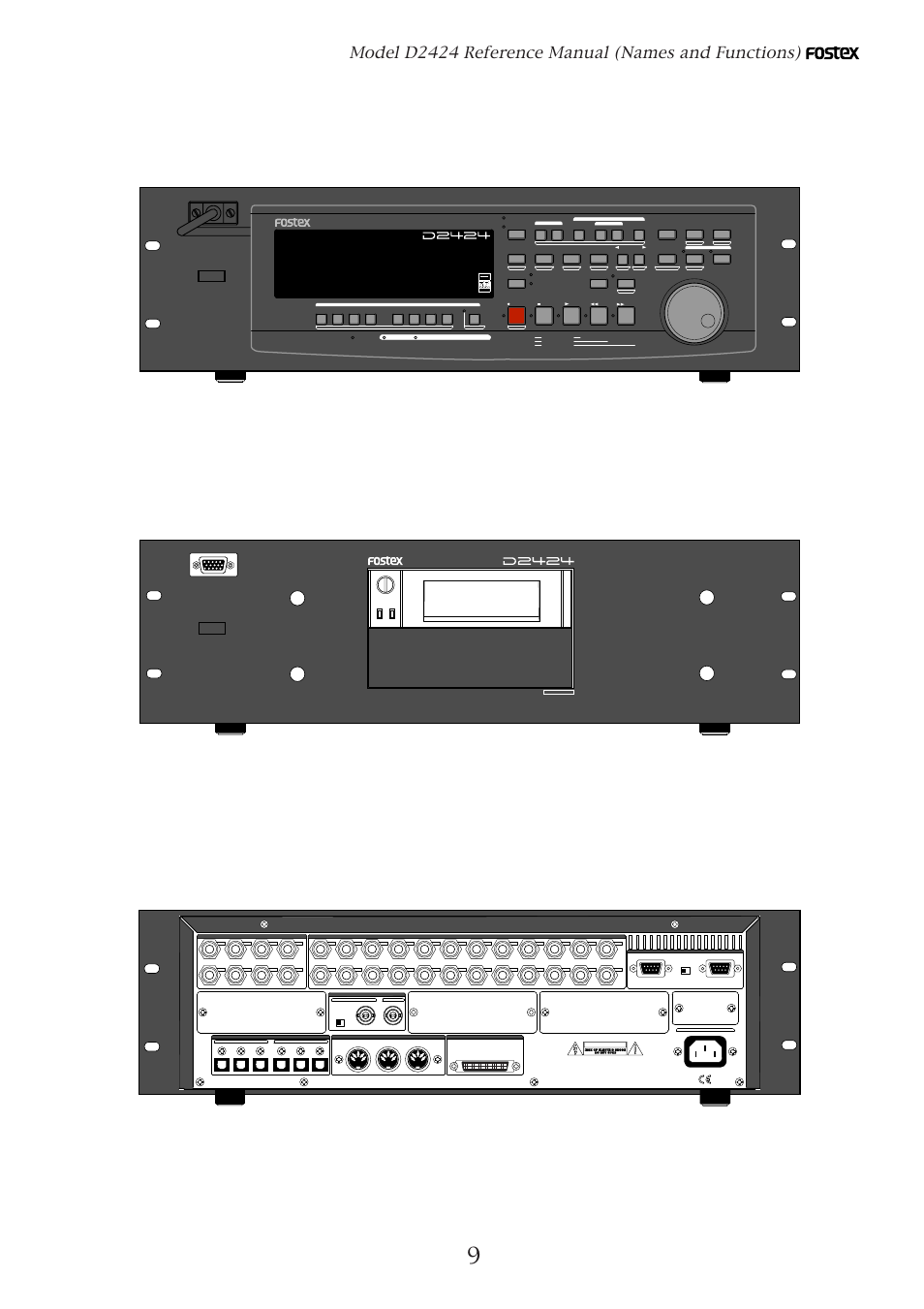 Names and functions, Front panel-1 front panel-2 rear panel, Model d2424 reference manual (names and functions) | Fostex D2424 User Manual | Page 9 / 147