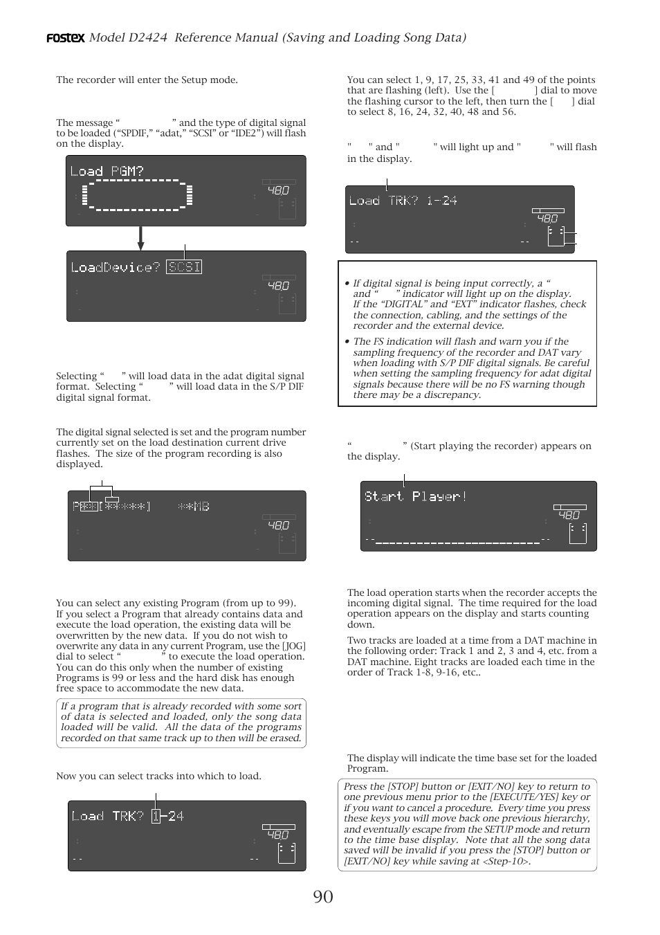 Press the [setup] key, Press the [execute/yes] key, Press the [execute/yes] key. (“sure?” flashes.) | Press the [execute/yes] key again, The recorder will enter the setup mode, Now you can select tracks into which to load, Flashing, Flashing lit lit | Fostex D2424 User Manual | Page 90 / 147