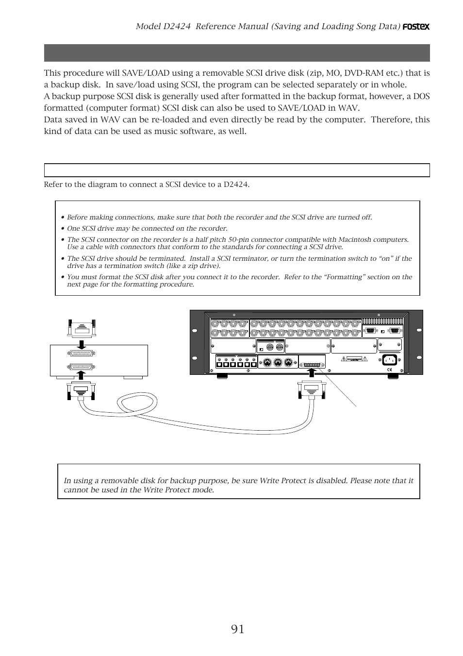 Saving the data using scsi, Connecting a scsi device, Caution | Output input output, Input, Scsi terminator scsi cable removable scsi drive | Fostex D2424 User Manual | Page 91 / 147