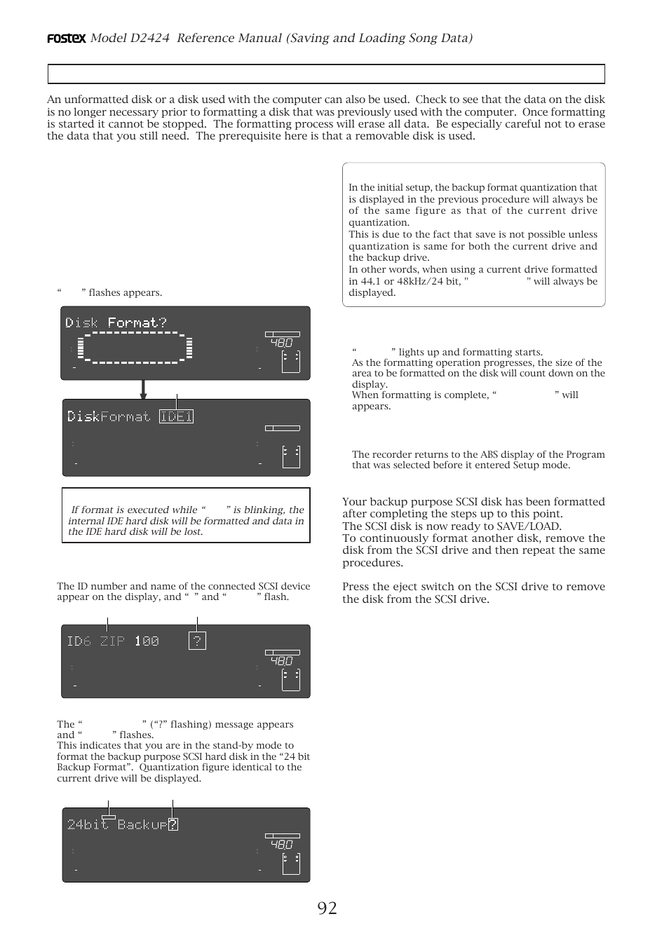Formatting a scsi disk, Press the [execute/yes] key, Caution | The backup format quantization display, Ide1 ” flashes appears, Flashing | Fostex D2424 User Manual | Page 92 / 147