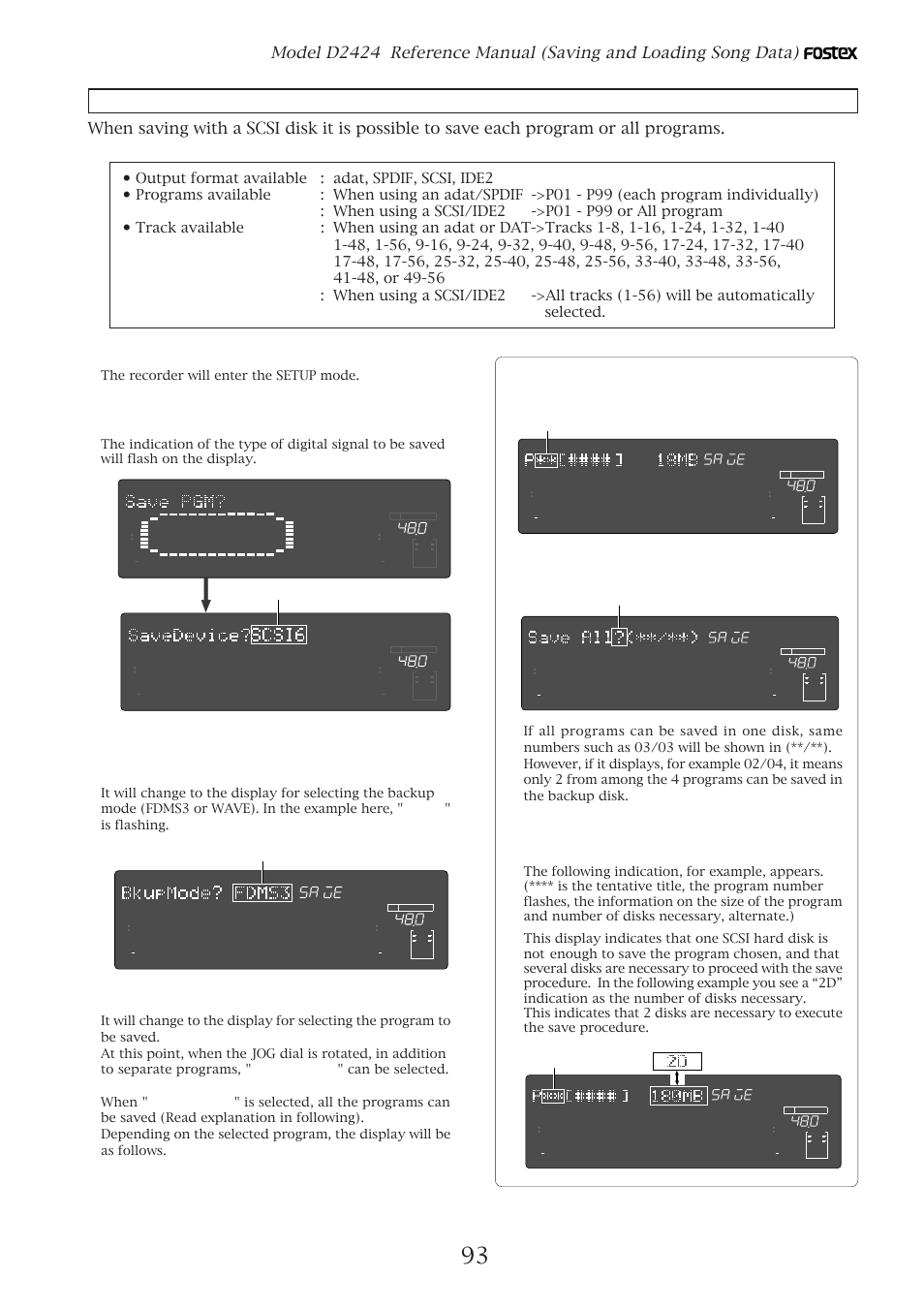 Saving data of an individual program, Press the [execute/yes] key, If you have selected all programs | The recorder will enter the setup mode, Flashing | Fostex D2424 User Manual | Page 93 / 147