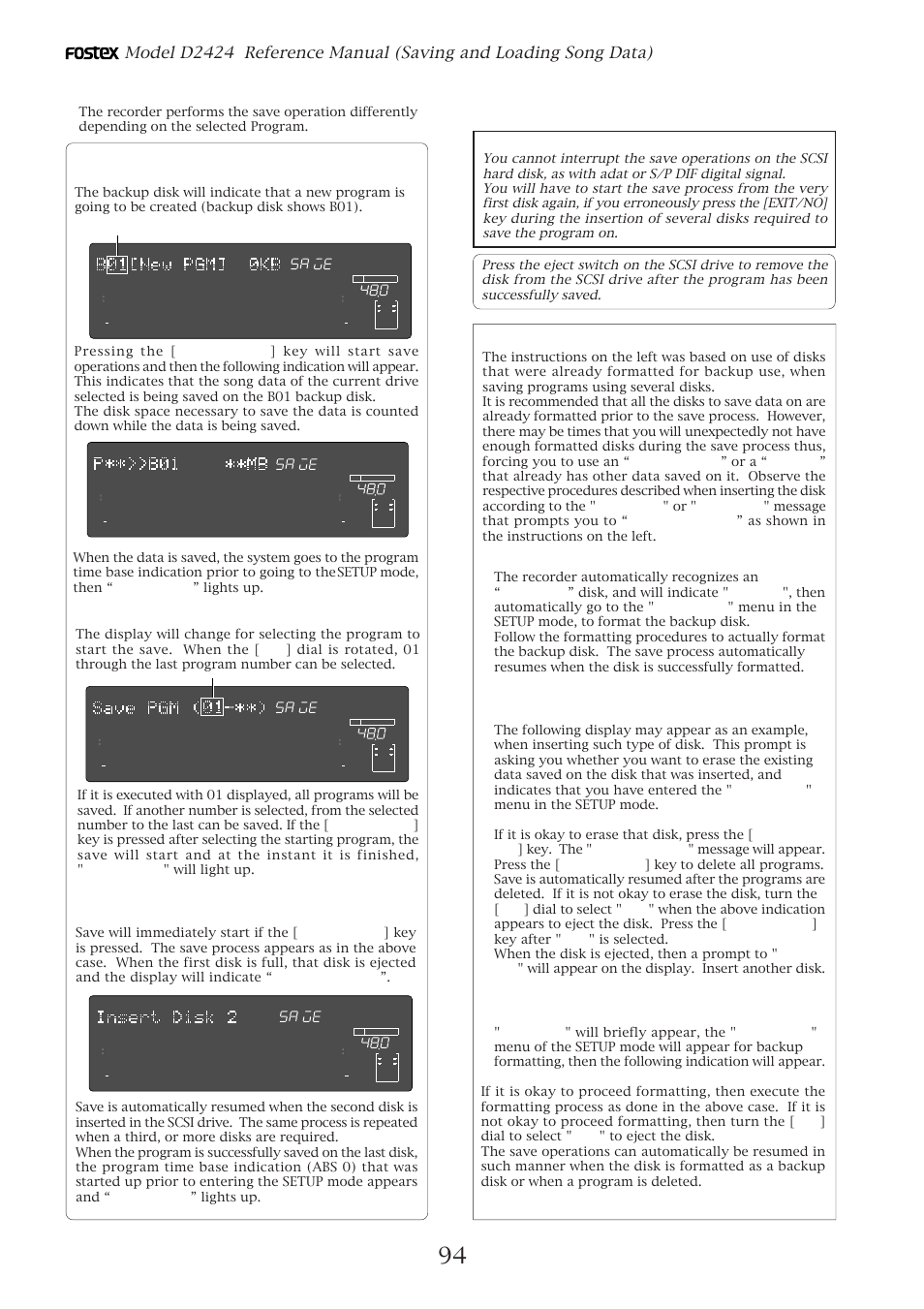 Please remember this, Press the [execute/yes] key, When inserting an unformatted disk | When selecting a "save all ? (**/**), Flashing | Fostex D2424 User Manual | Page 94 / 147