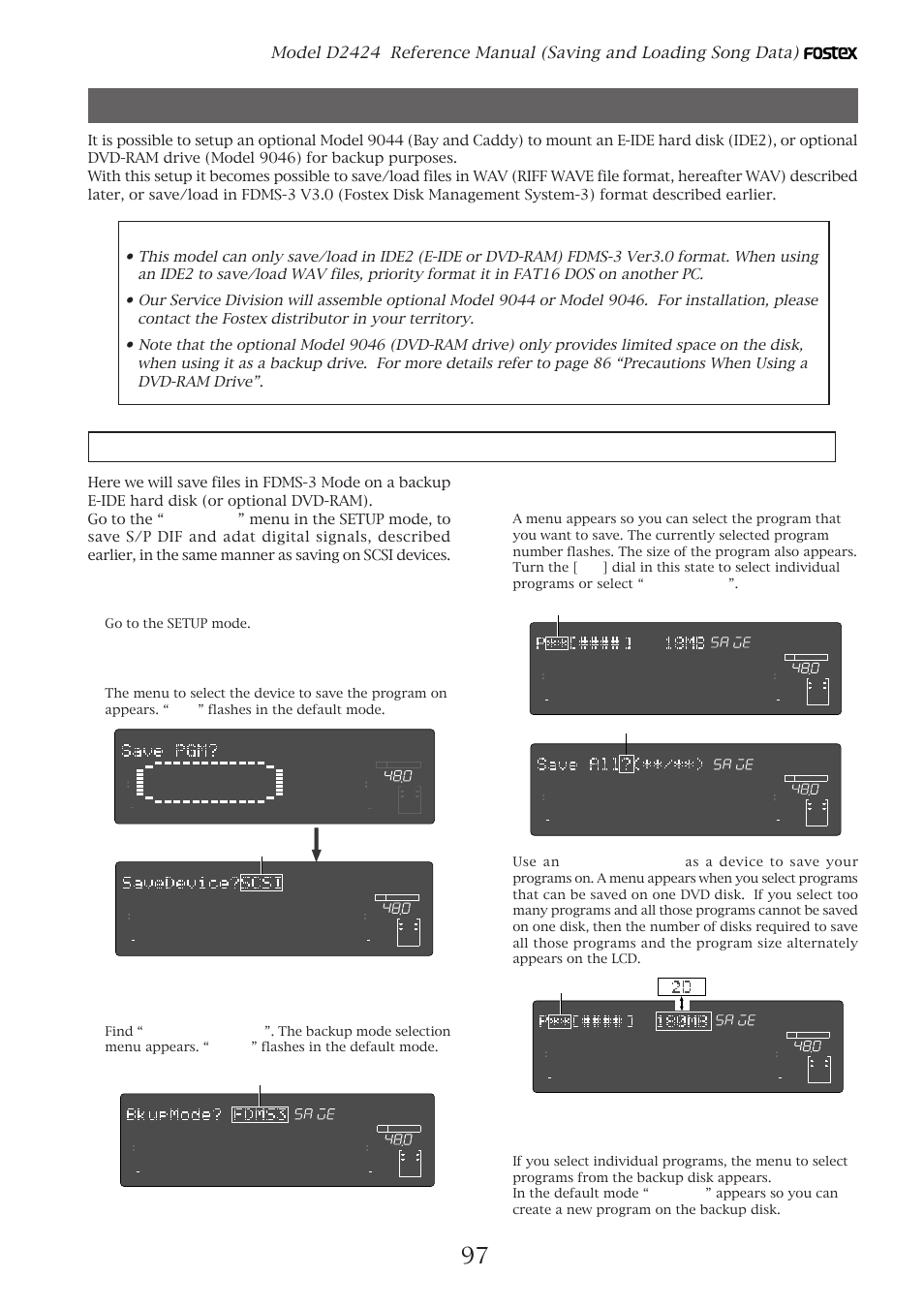 Saving in fdms-3 ver3.0 mode, Precautions, Go to the setup mode | Flashing, Flashing or | Fostex D2424 User Manual | Page 97 / 147