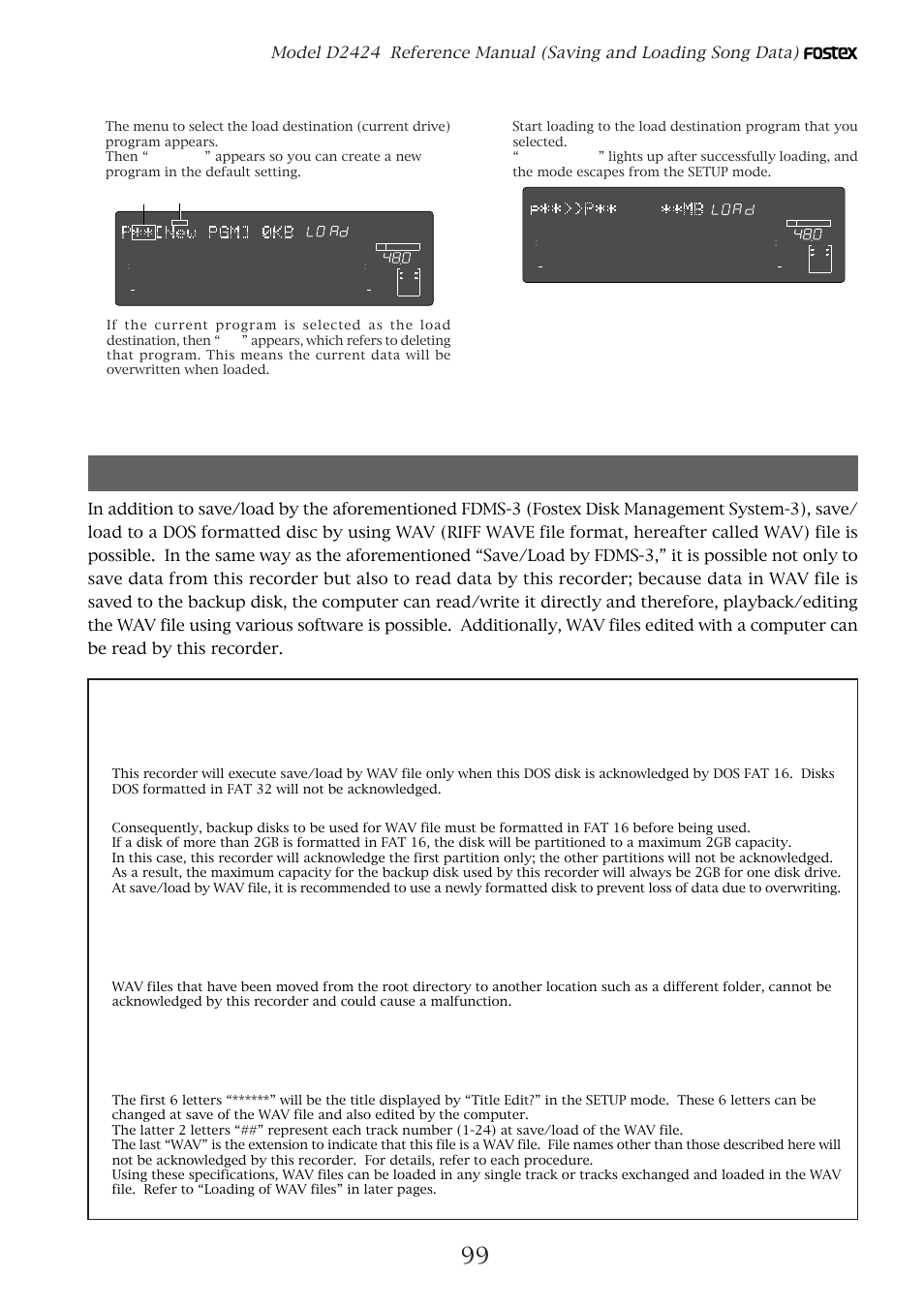 Save/load by “wav” file, 99 save/load by “wav” file, The backup disk | Directory of the backup disk, File name of the “wav” file, Flashing flashing | Fostex D2424 User Manual | Page 99 / 147