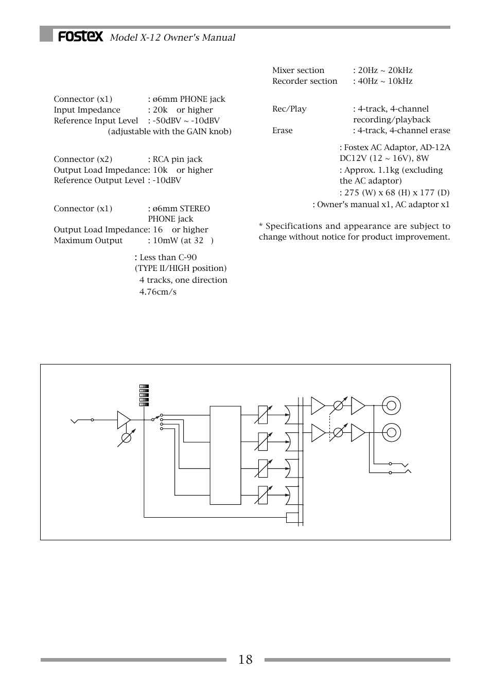 Specifications, Block diagram, Model x-12 owner's manual | Fostex X-12 User Manual | Page 18 / 20