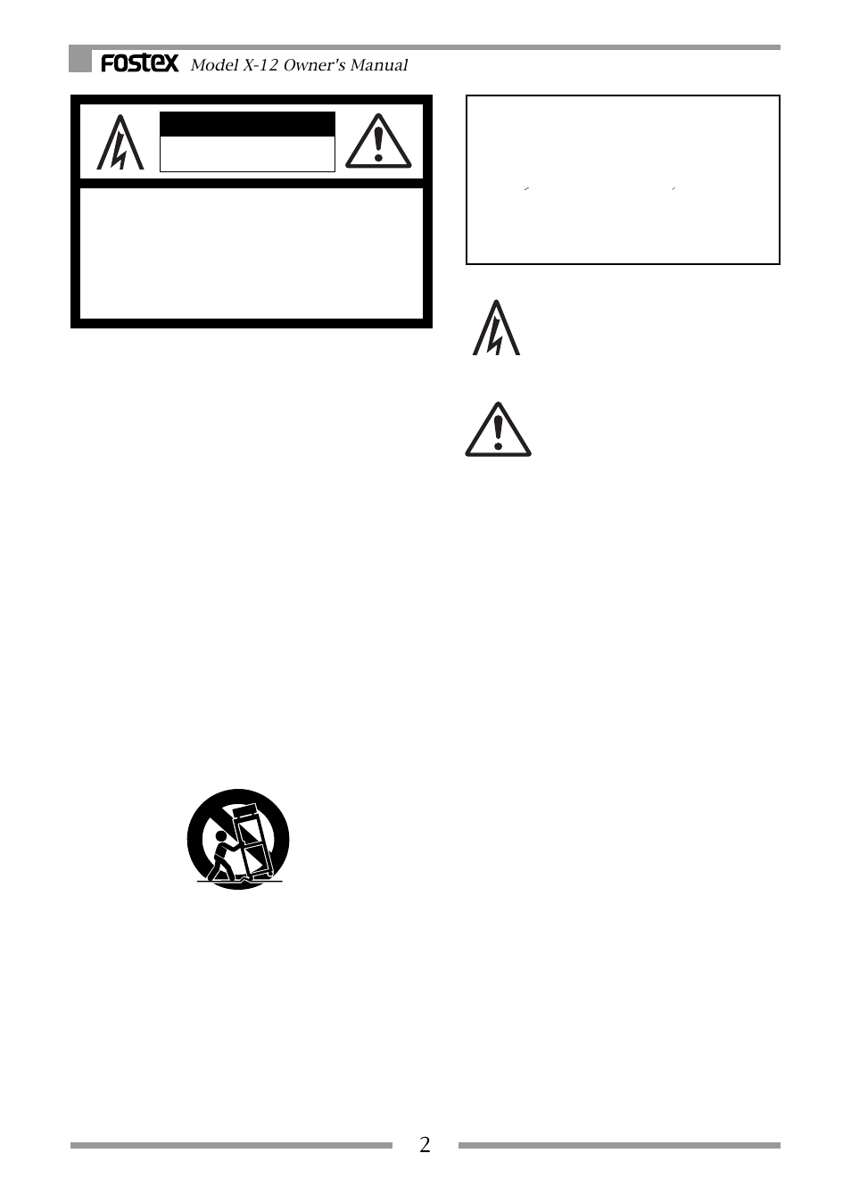 Safety instructions, Warning, Caution | Model x-12 owner's manual | Fostex X-12 User Manual | Page 2 / 20