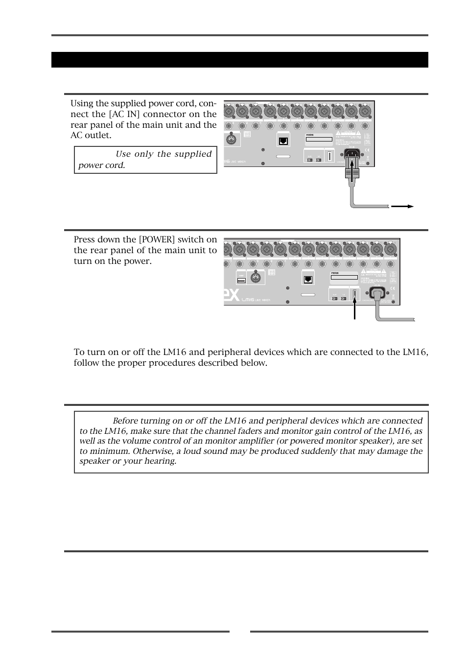 Connecting the power cord turning on the power, Preparation of power supply, Use only the supplied power cord | Power] switch ac outlet | Fostex LM16 User Manual | Page 15 / 48
