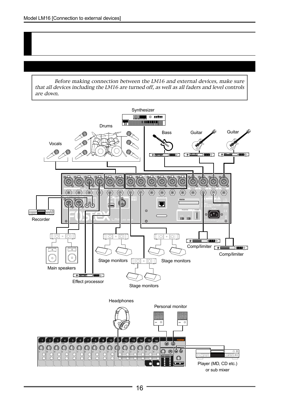 Connection to external devices, Connection example (live stage), Model lm16 [connection to external devices | Main speakers | Fostex LM16 User Manual | Page 16 / 48