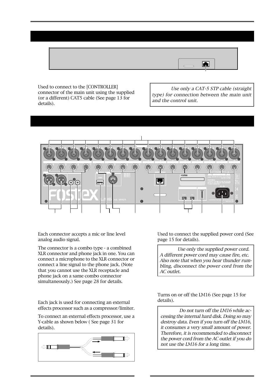 Control unit (rear panel), Main unit (rear panel), 1) [to controller] connector | 1) [input (1 through 16)] connectors, 2) [insert (1 through 8)] jacks, 3) [ac in] connector, 4) [power] switch | Fostex LM16 User Manual | Page 25 / 48