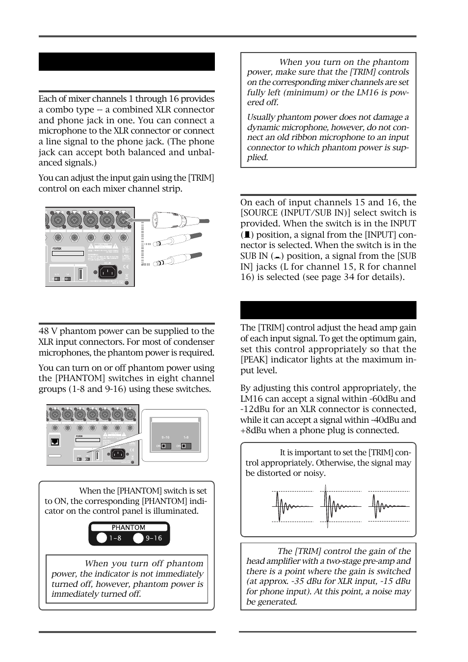 Connecting sources adjusting the input level, Selecting channel source, Model lm16 [mixer basics | Fostex LM16 User Manual | Page 28 / 48