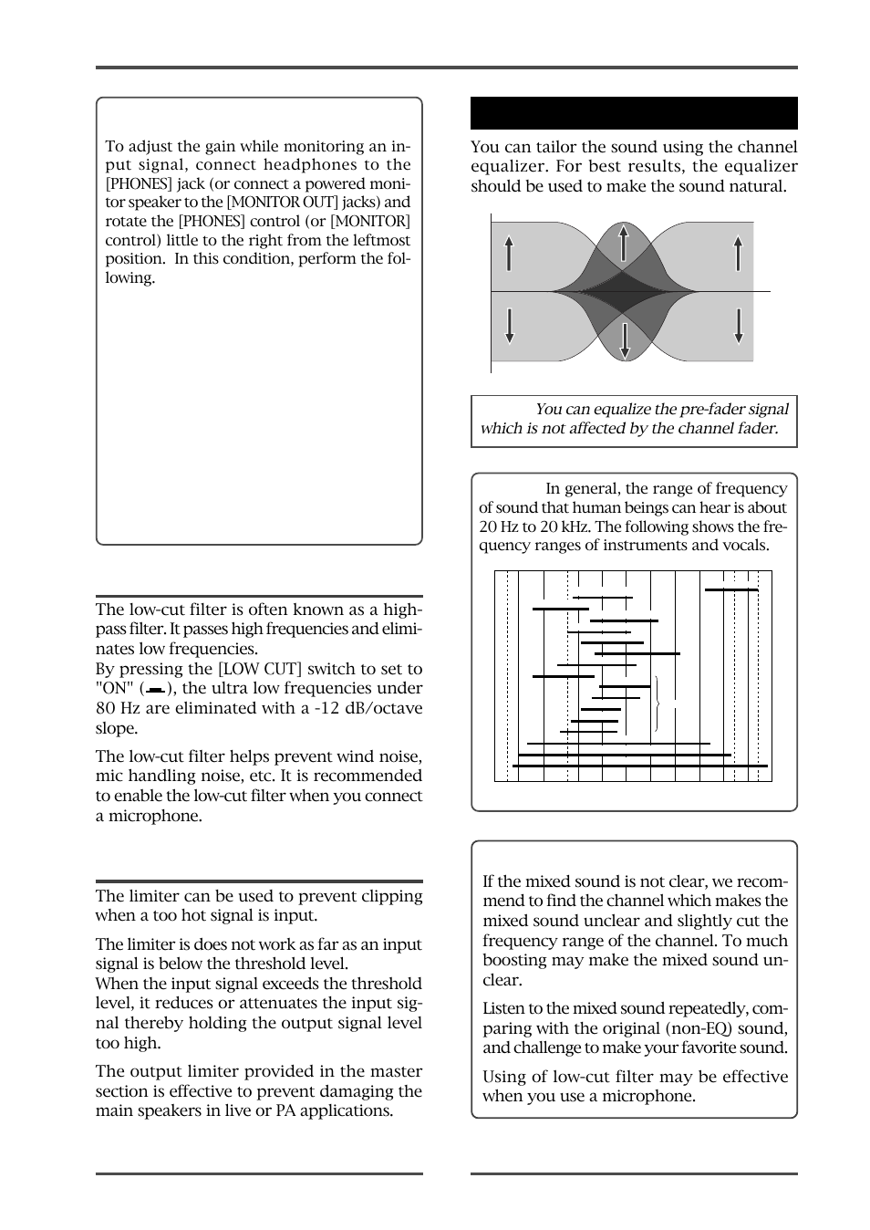 Equalizer, Tips for equalizing, Gain adjustment while monitoring | Low-cut filter, Limiter | Fostex LM16 User Manual | Page 29 / 48