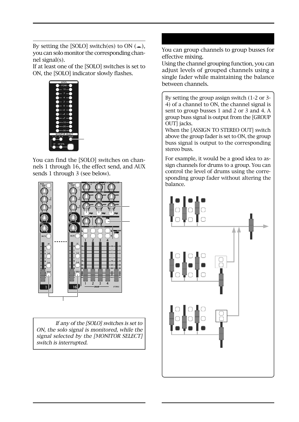 Channel grouping, Solo monitor | Fostex LM16 User Manual | Page 33 / 48