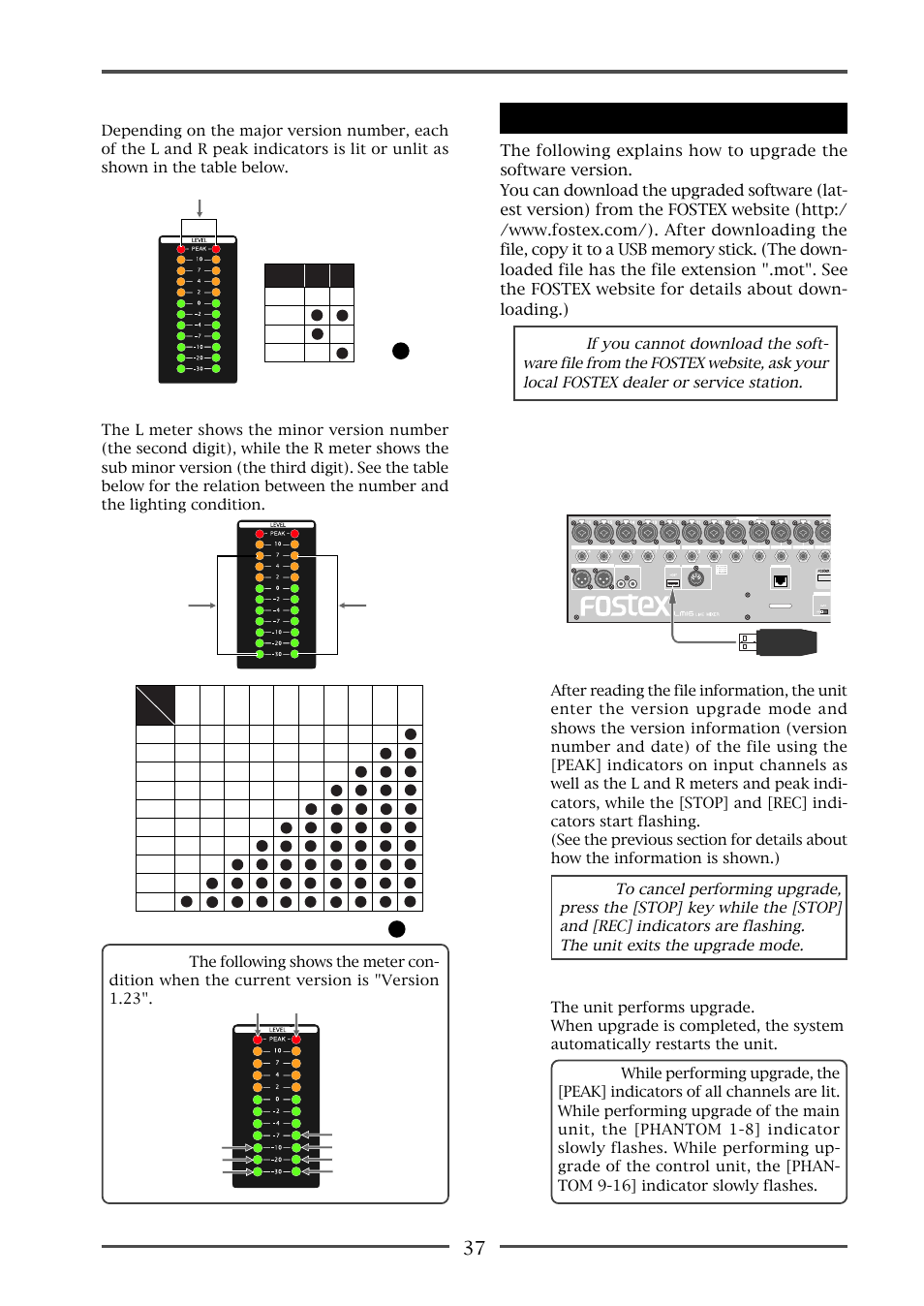 How to upgrade the version, Model lm16 [upgrading the software, L and r peak indicators | L and r meters (between 7 and -30) | Fostex LM16 User Manual | Page 37 / 48