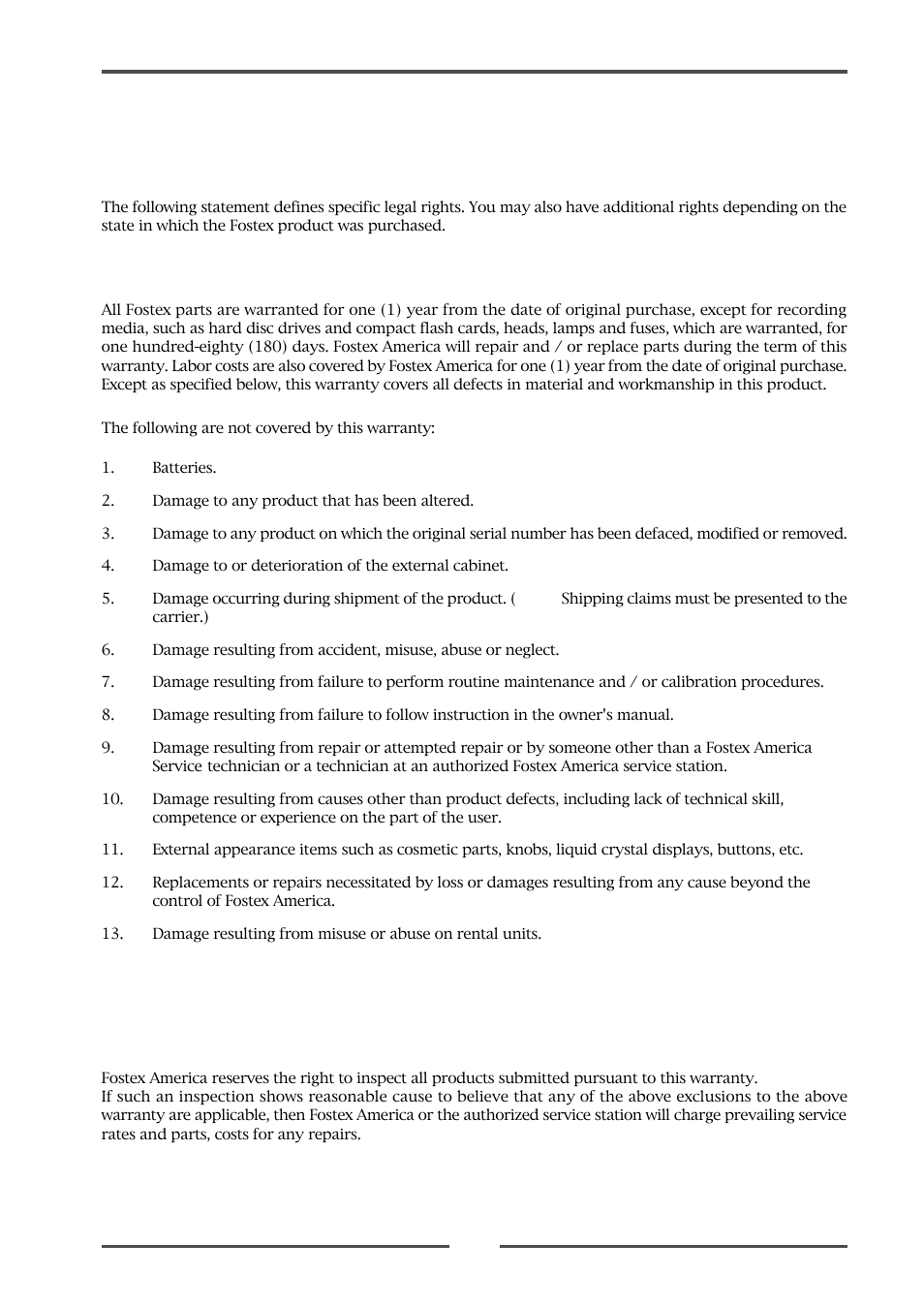 For the us customers only, Fostex america limited warranty, Warranty protection | Fostex LM16 User Manual | Page 43 / 48