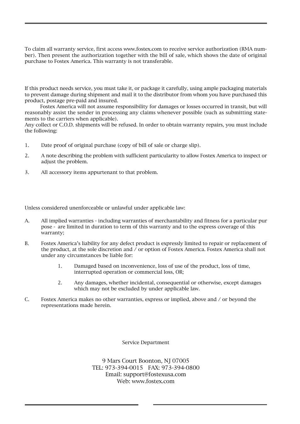 Fostex america limited warranty, Shipping, Fostex america | Fostex LM16 User Manual | Page 44 / 48