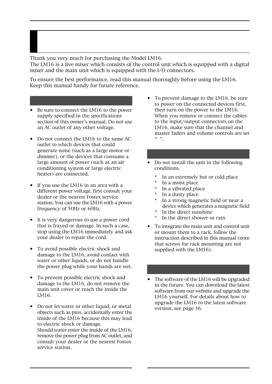 Introduction, About power supply precautions on installation, About version upgrade | Fostex LM16 User Manual | Page 7 / 48