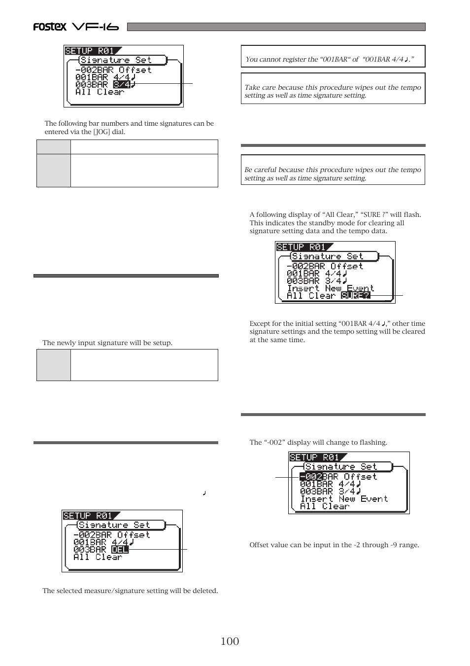 Correcting the registered time signature, Clearing all time signature/tempo data, Changing the bar offset figure | Deleting a time signature | Fostex VF-16 User Manual | Page 100 / 122