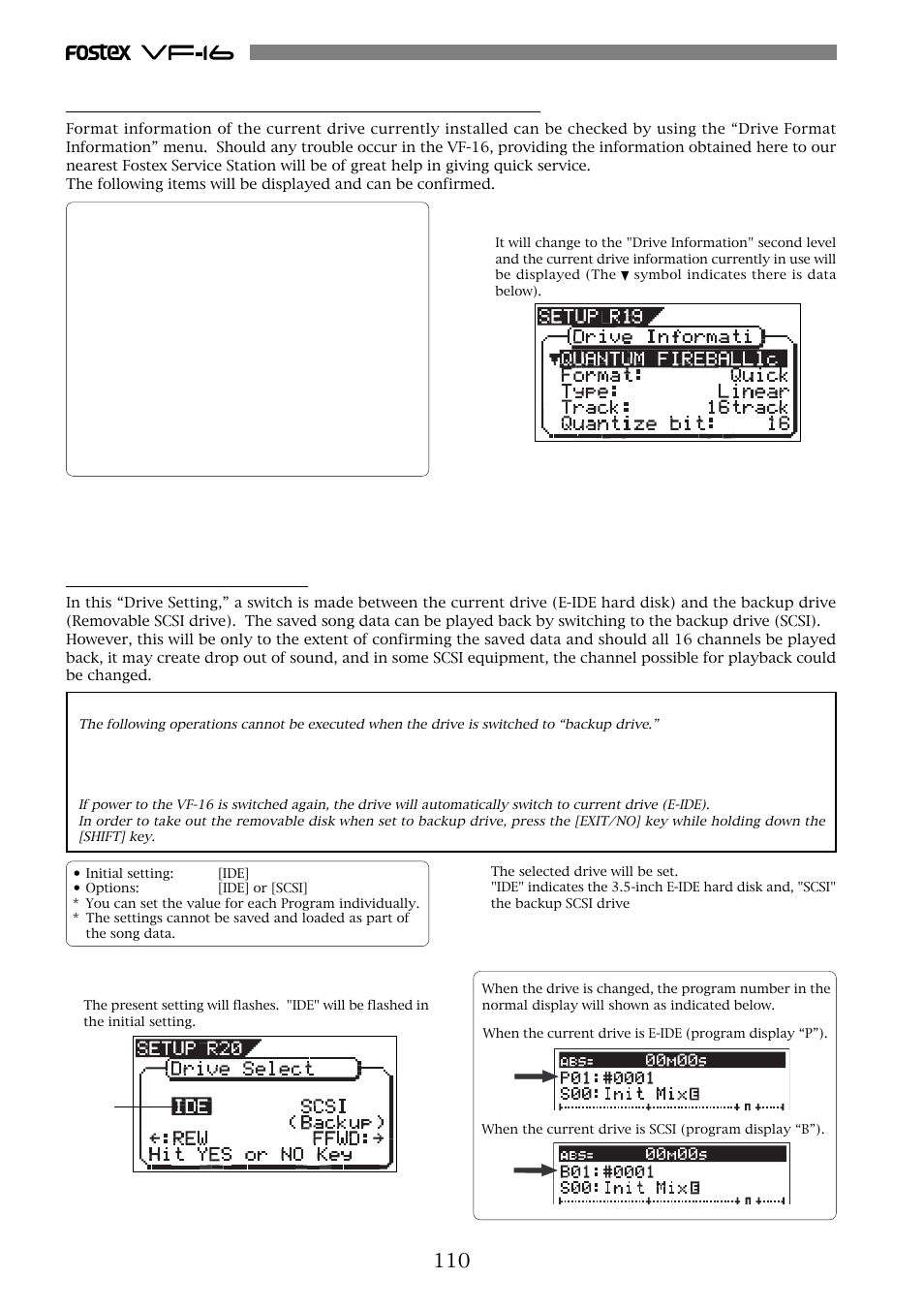 Drive setting [“drive sel, The drive format information [“drive information | Fostex VF-16 User Manual | Page 110 / 122